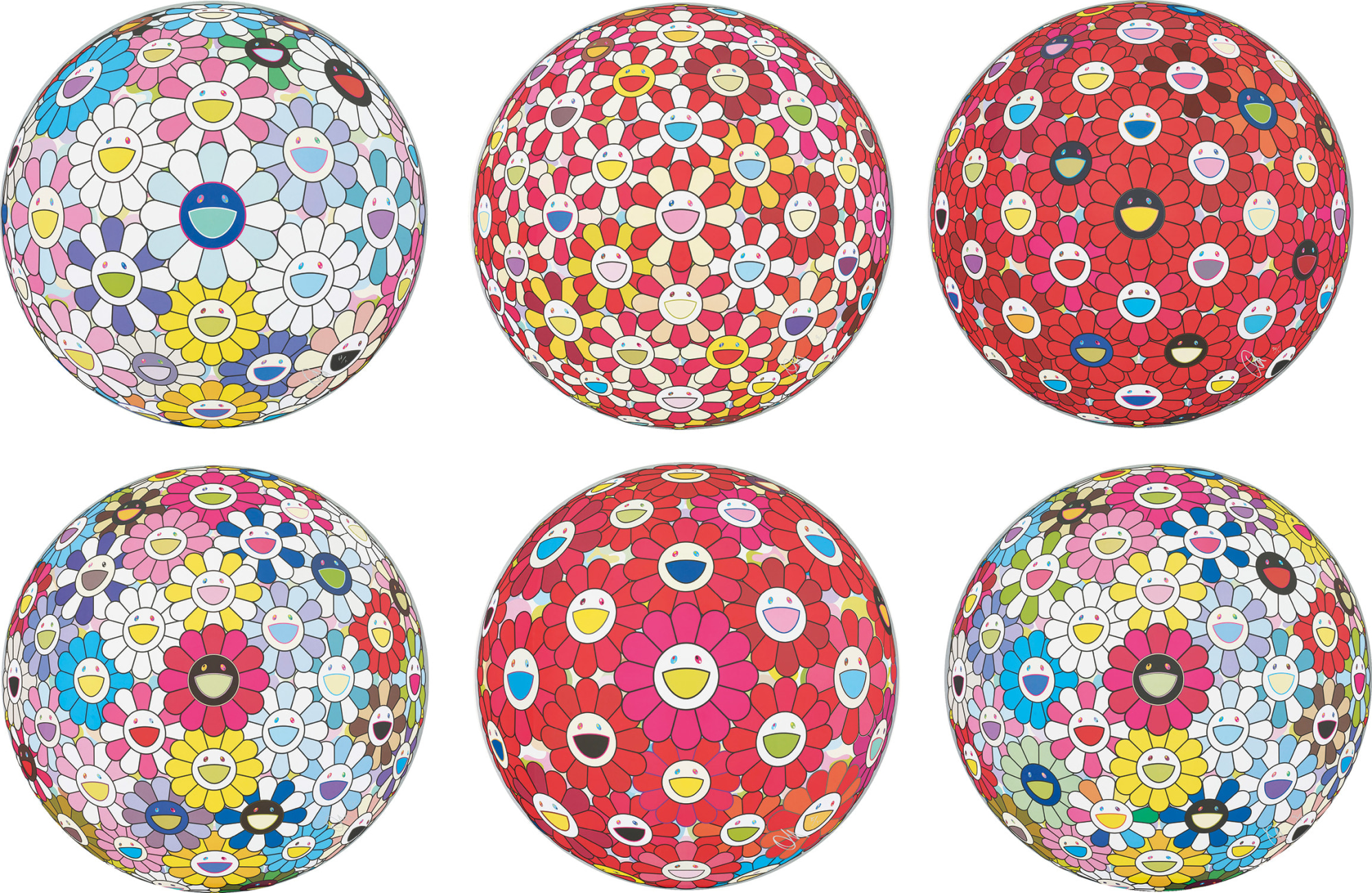 Takashi Murakami - Cosmic Power; Flowerball: Koi/Red crowned Crane Vermilion; Flowerball: Bright Red; Space Show; Thinking...