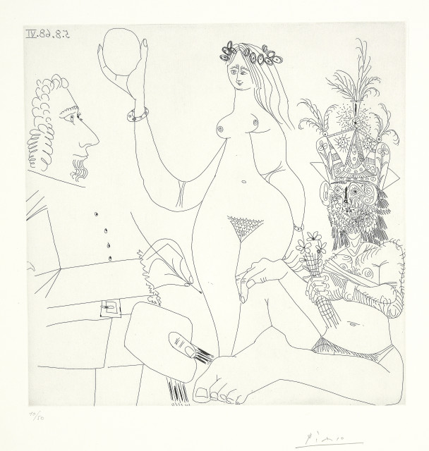 Pablo Picasso - Painter in front of one of Raphael's "Three Graces", and a . . .