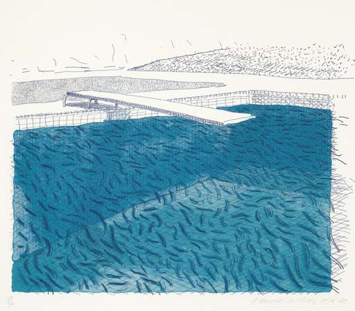 David Hockney - Lithograph of Water made of lines, crayon, and two blue washes without green wash
