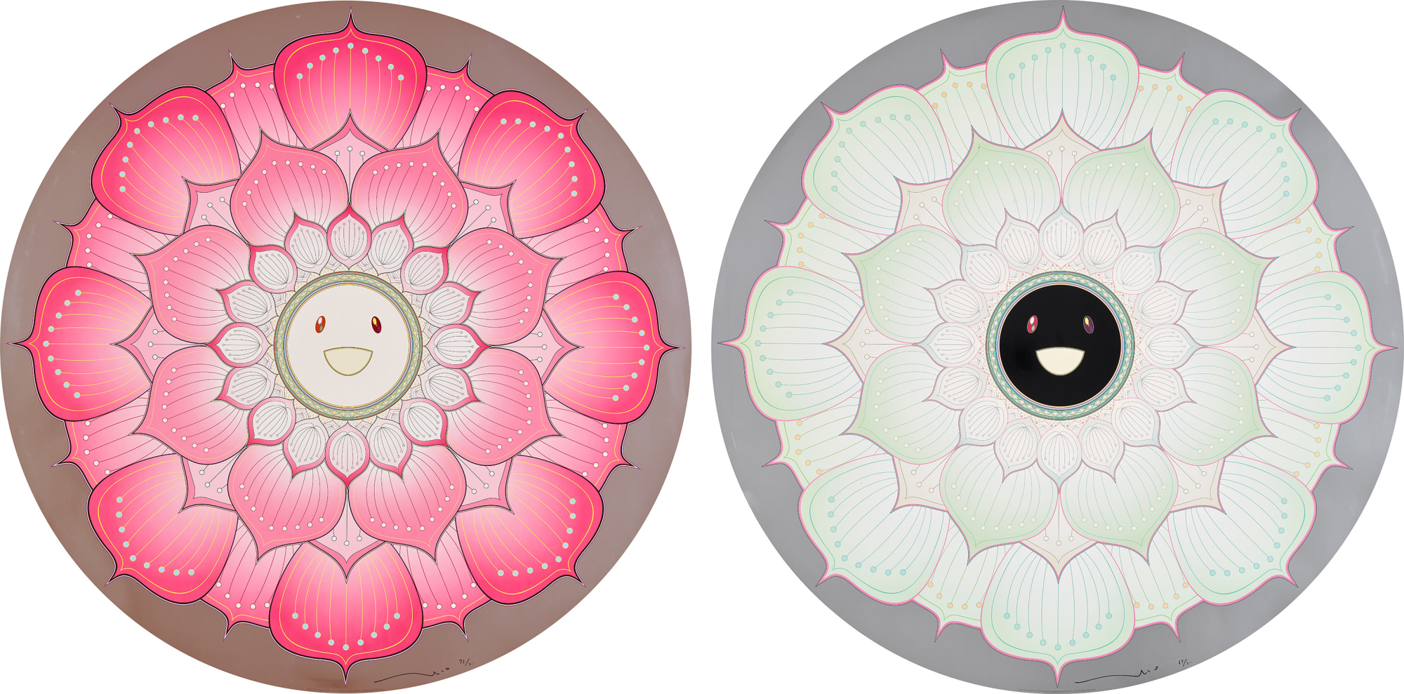 Takashi Murakami - Lotus Flower (Pink); and Lotus Flower White