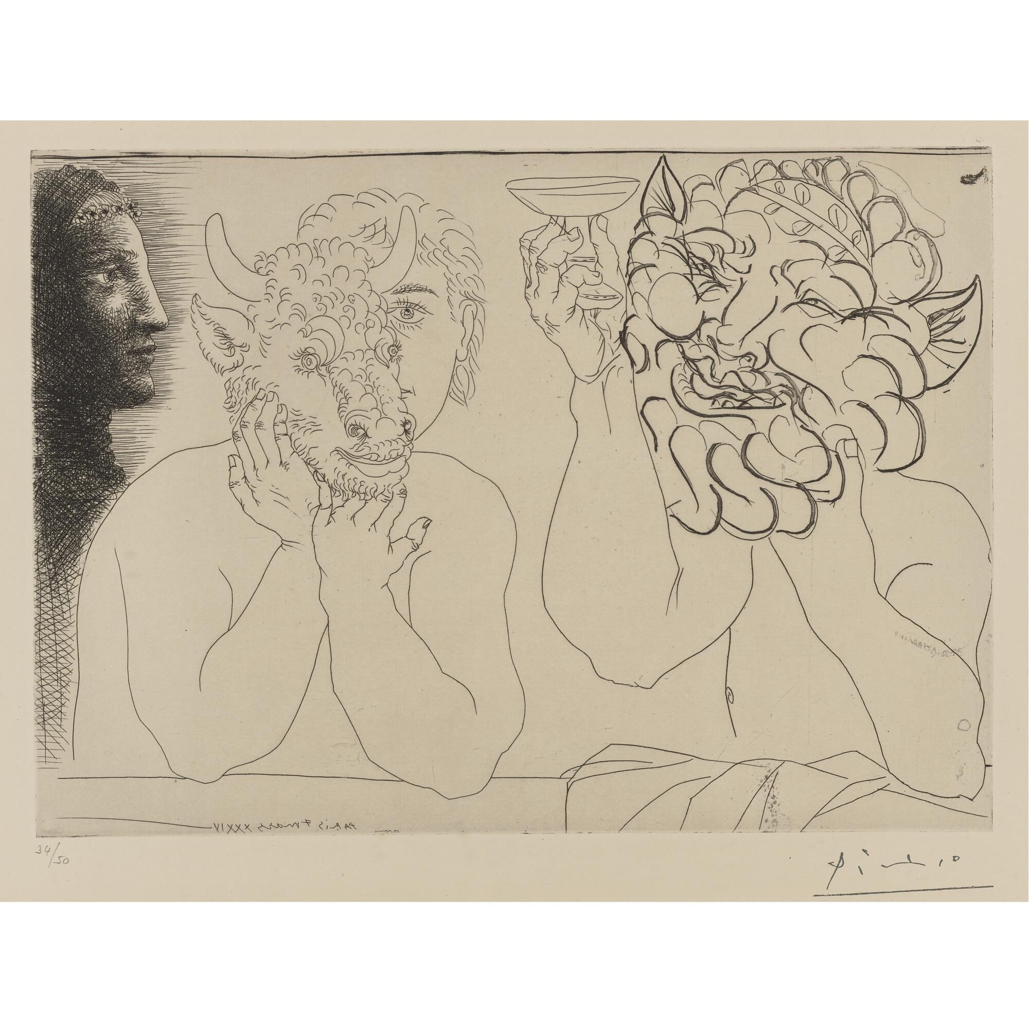 Pablo Picasso - caisse à remords: Jeune Homme au Masque de Taureau, Faune et Profile de Femme