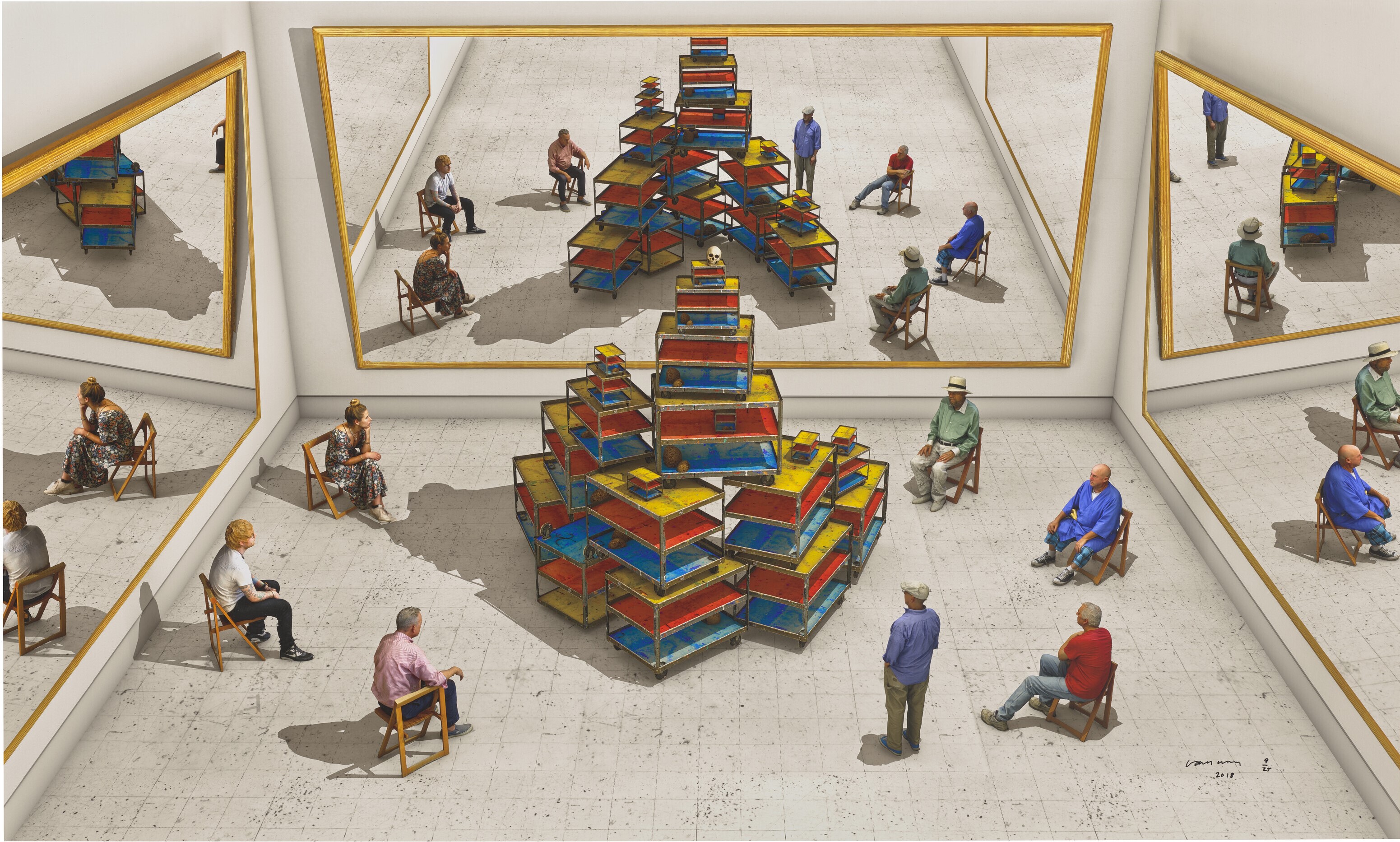 David Hockney - Viewers Looking at a Ready-made with Skull and Mirrors