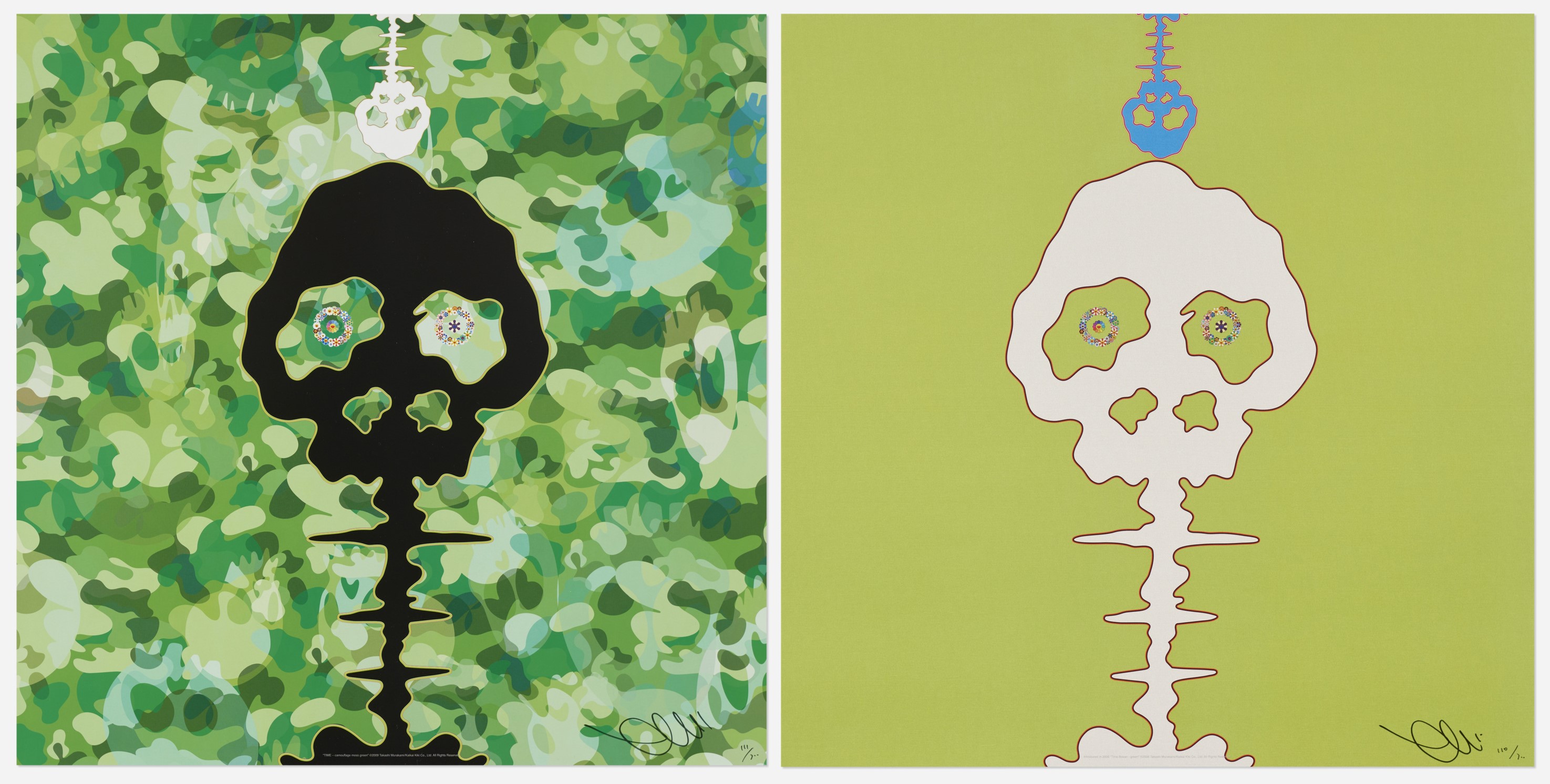 Takashi Murakami - Time Bokan (Green); Time (Camouflage Moss Green) (two works)