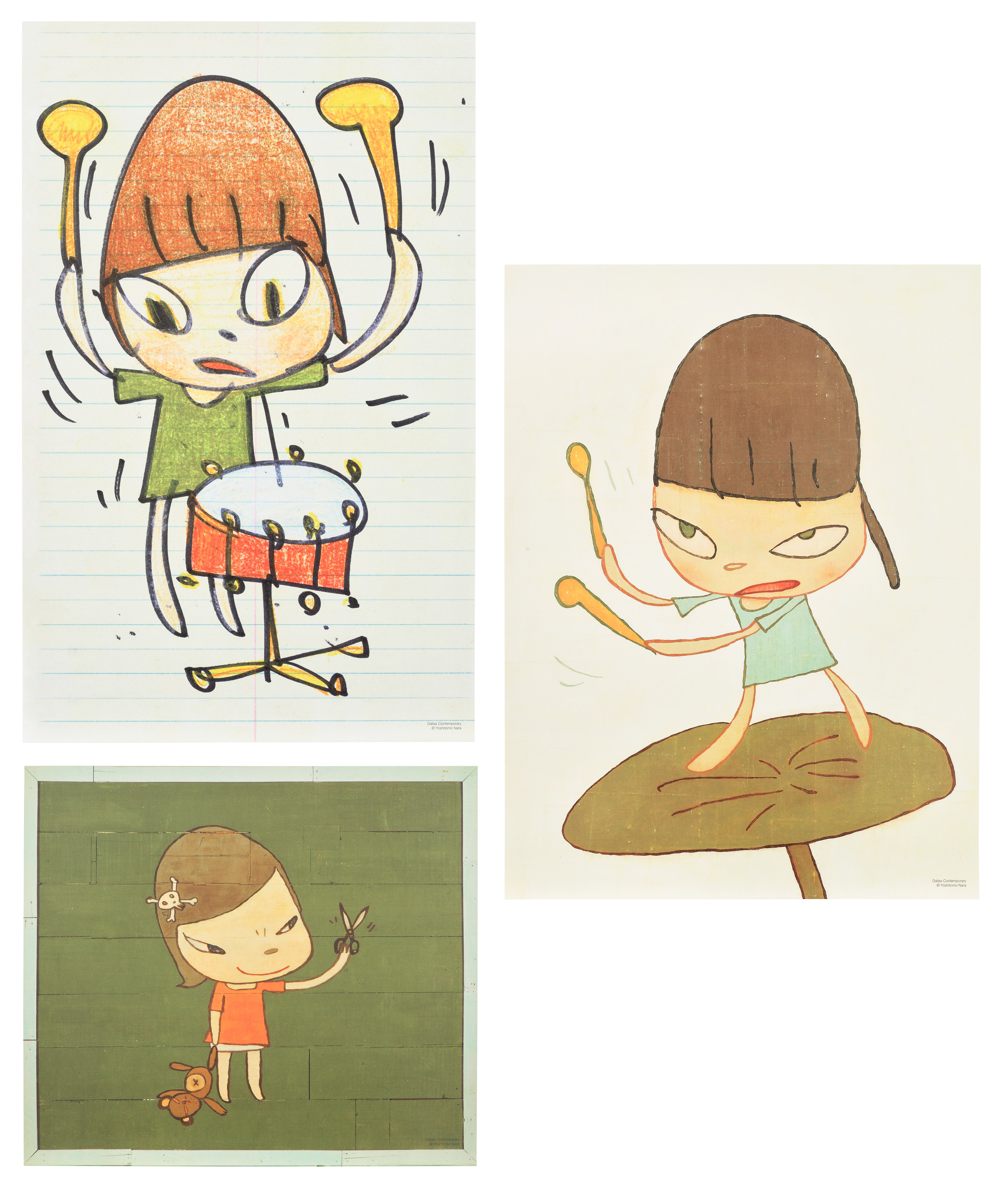 Yoshitomo Nara - Banging the Drum; Marching on a Butterleaf Leaf; and Real One