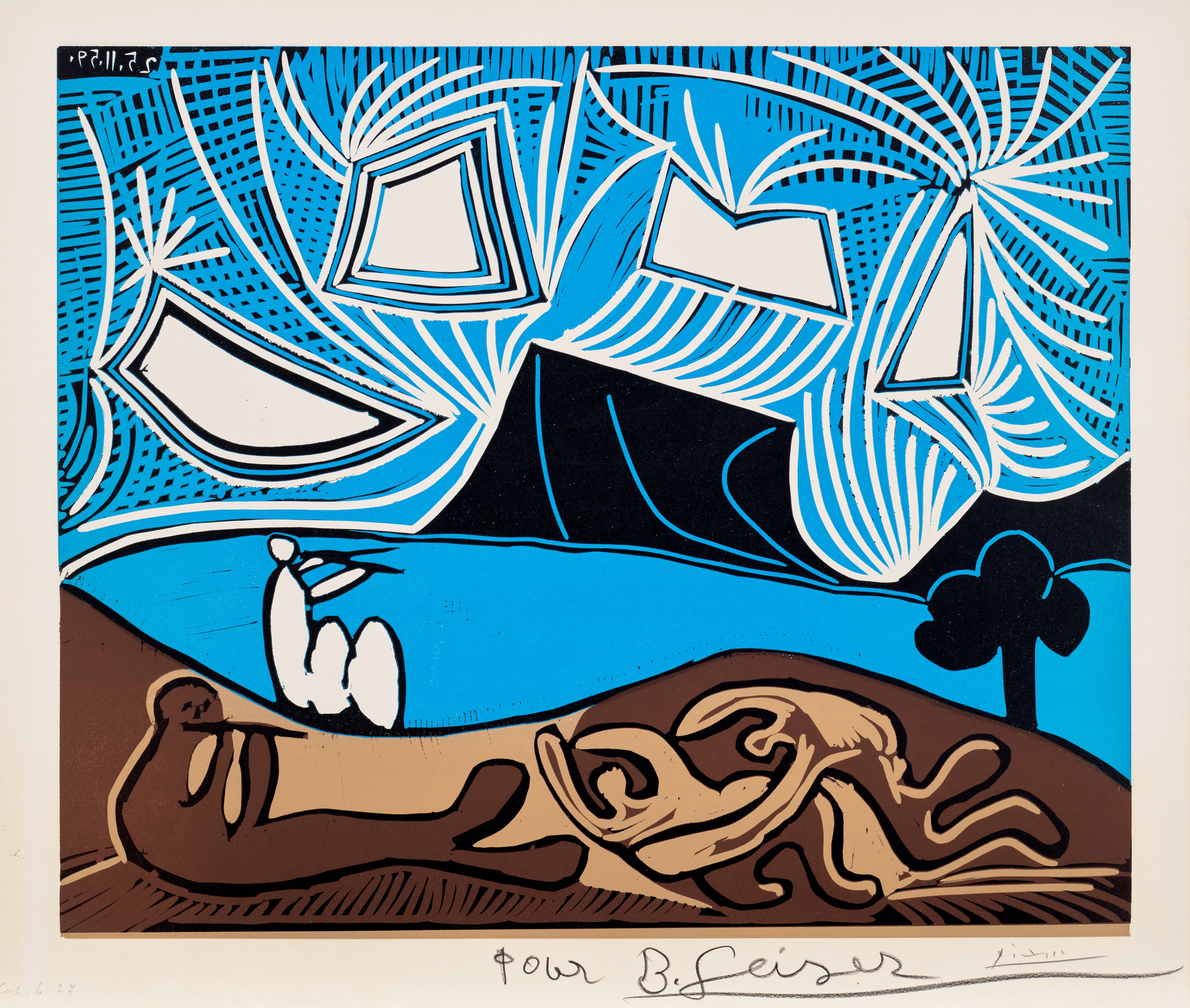 Pablo Picasso - Couple et flûtistes au bord d'un lac (Bacchanale) (Couple and Flutists by a Lake) (Bl. 930, Ba. 1259)