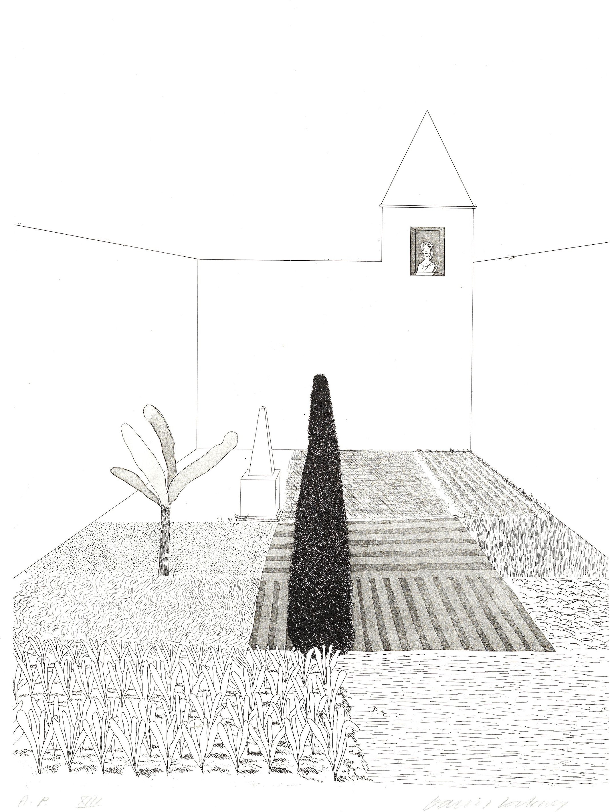David Hockney - Rapunzel Growing in the Garden, from 'Illustrations for Six Fairy Tales from the Brothers Grimm'