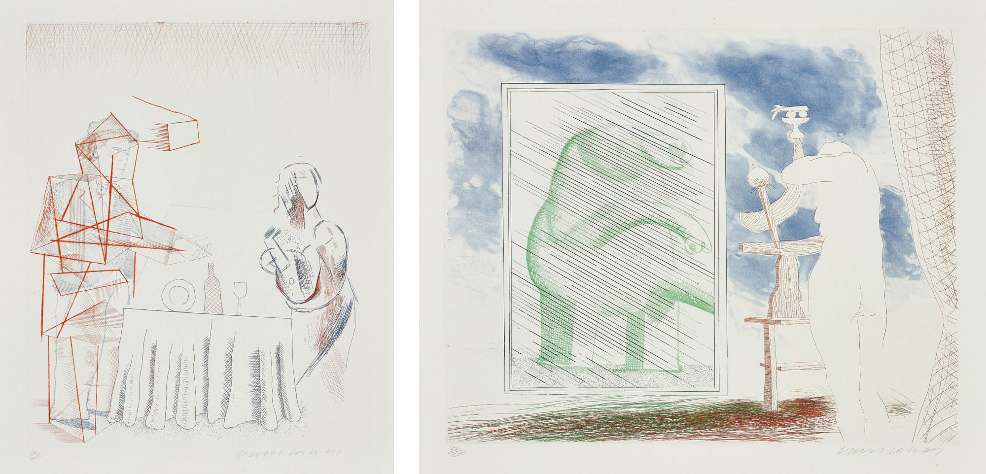David Hockney - Figures with Still Life; and A Picture of Ourselves, from The Blue Guitar