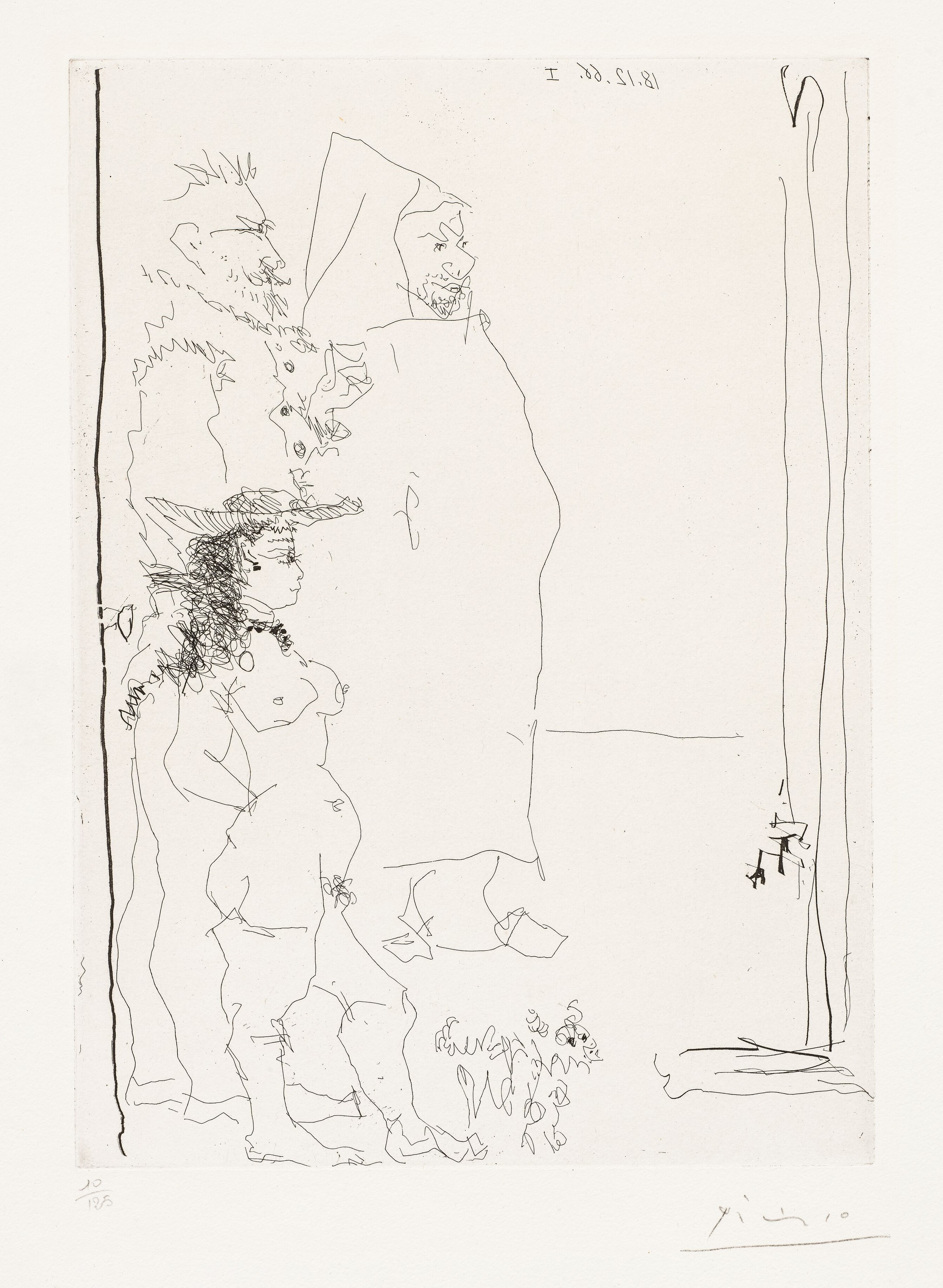 Pablo Picasso - Trois personnages, dont une caricature d'après El Greco et une d'après Tintin, et un petit chien