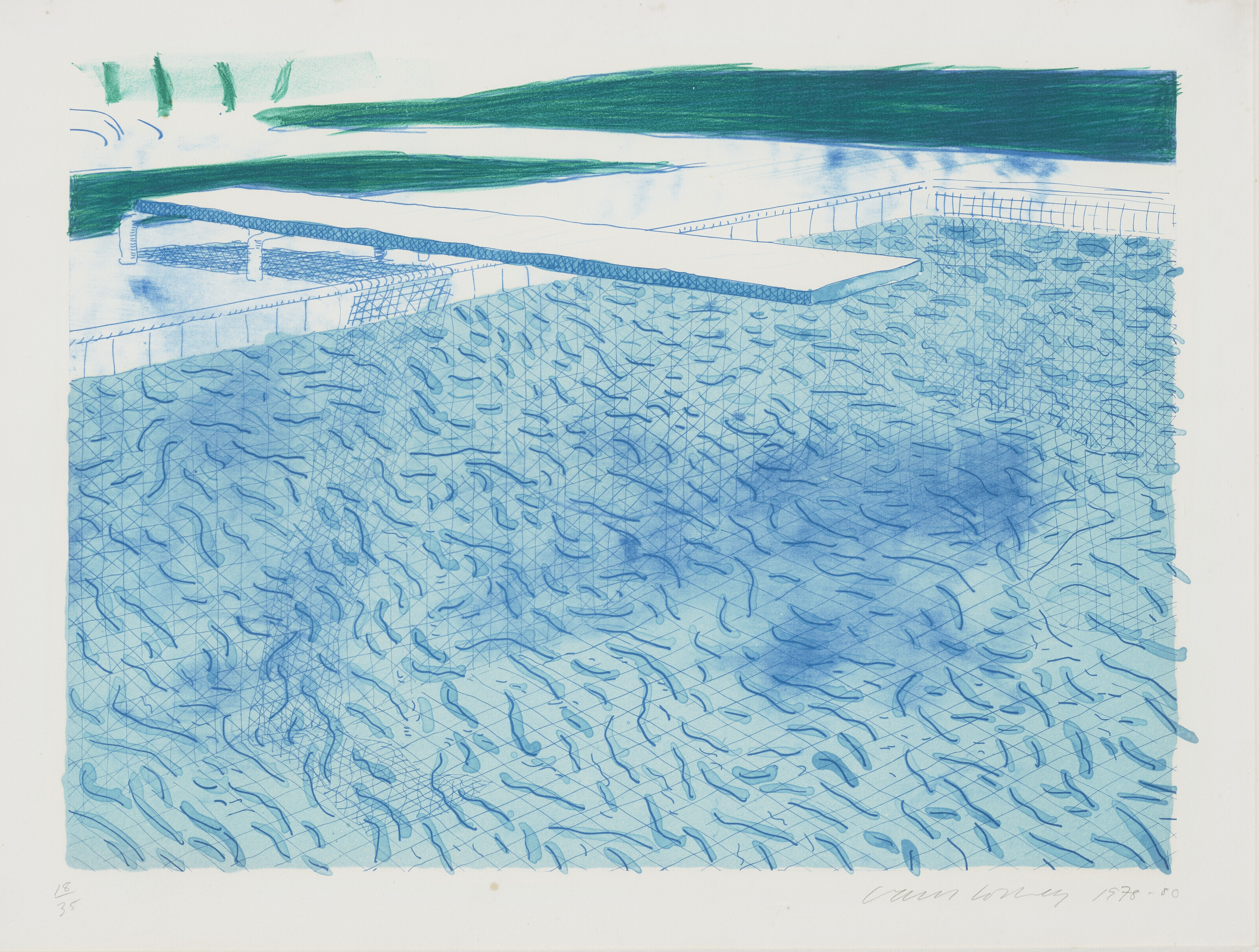 David Hockney - Lithograph of Water Made of Lines with Two Light Blue Washes