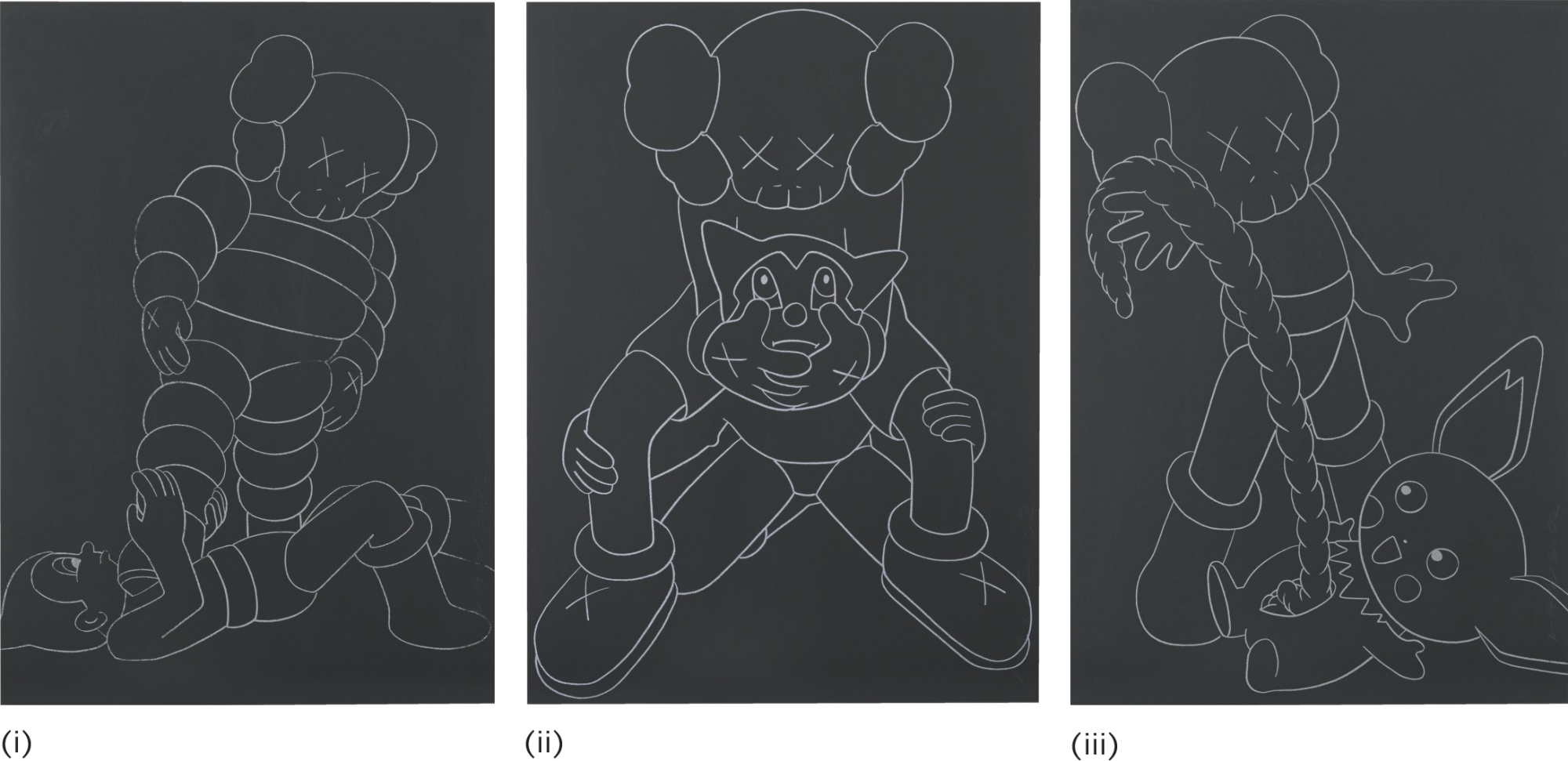KAWS - i. CHUM VS ASTROBOY; ii. COMPANION VS ASTROBOY; iii. COMPANION VS PIKACHU (three works)