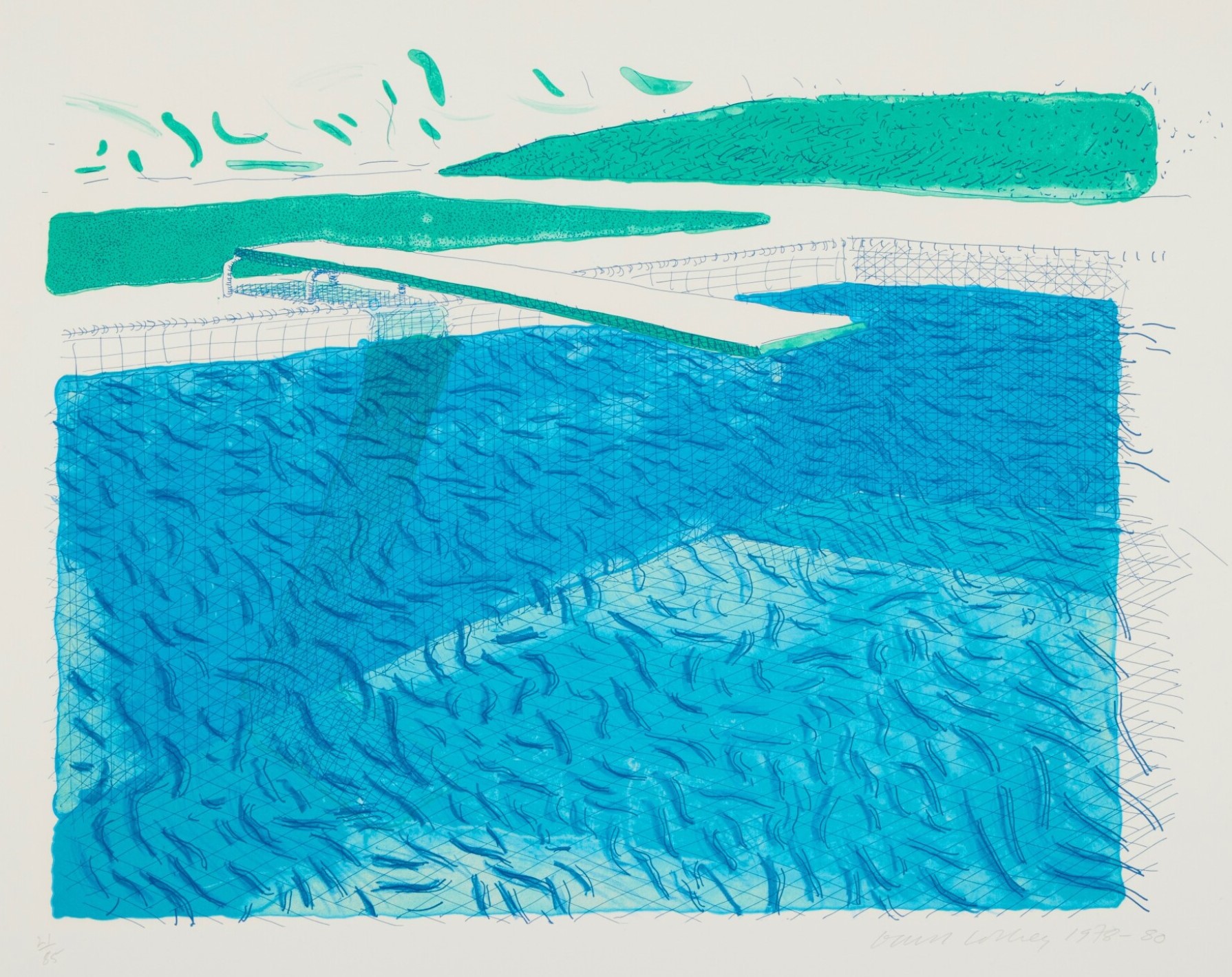 David Hockney - Lithographic Water Made of Lines, Crayon, and Two Blue Washes