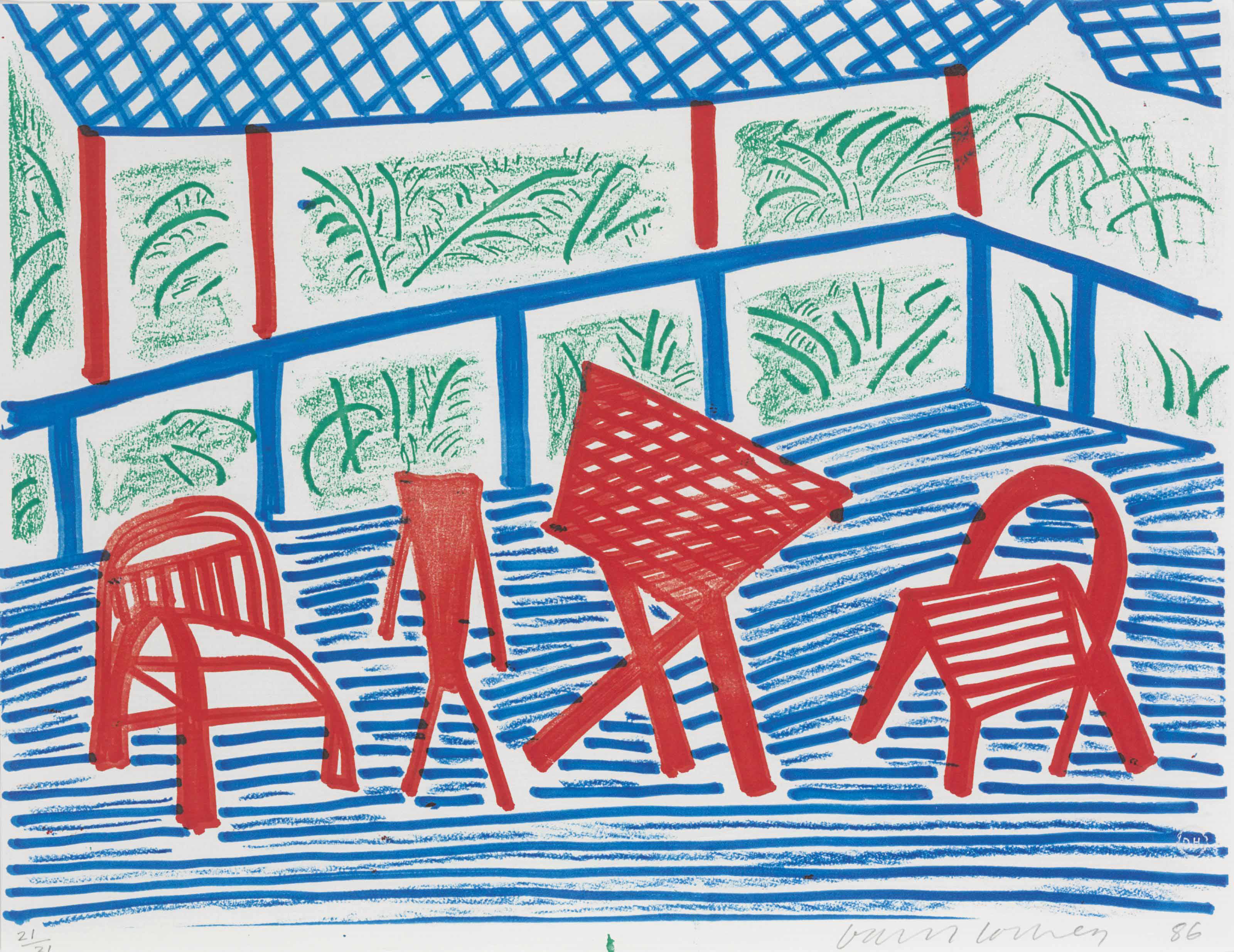David Hockney - Two Red Chairs and Table, March 1986
