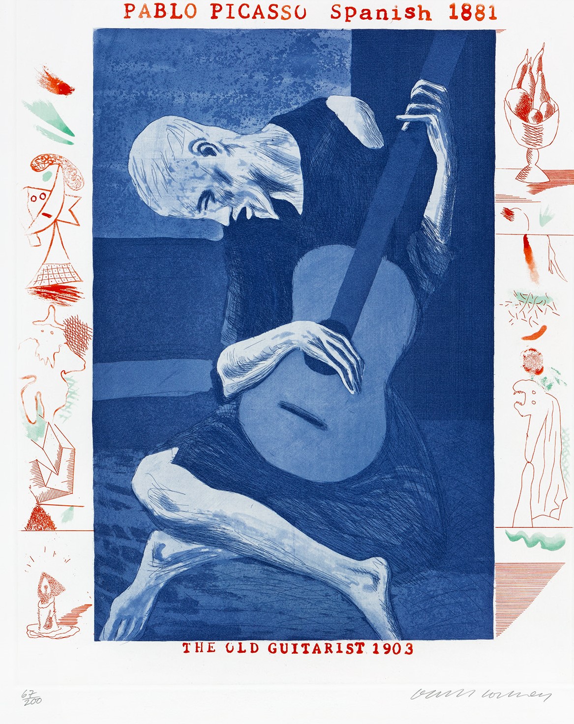 David Hockney - The Old Guitarist, plate 2 from The Blue Guitar (S.A.C. 200, M.C.A.T. 179)