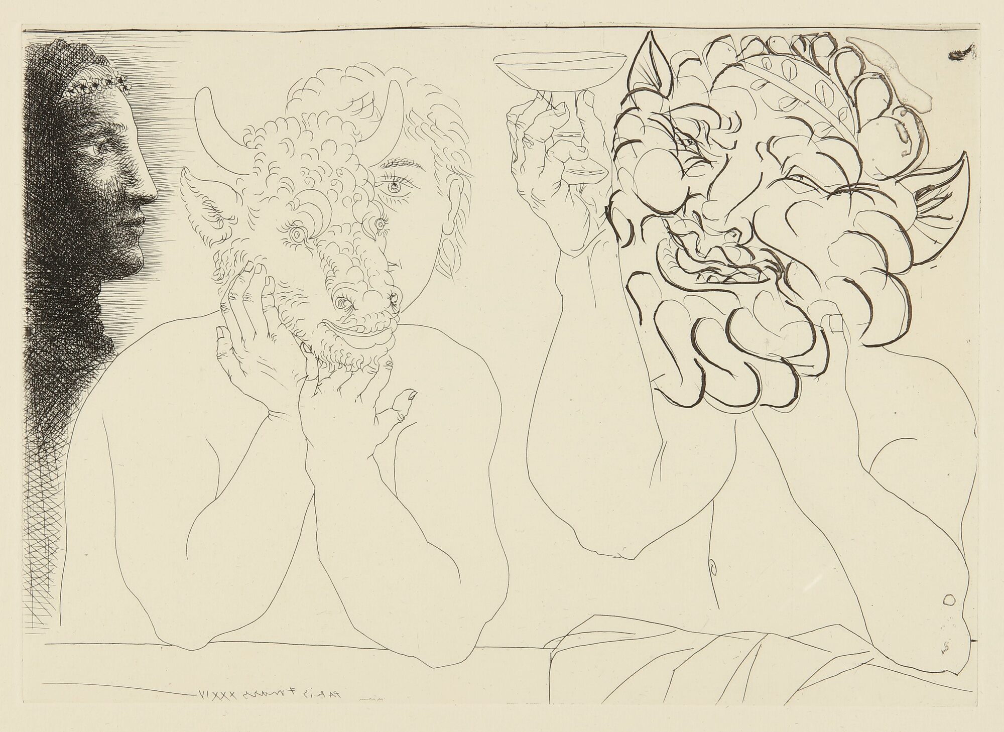 Pablo Picasso - Jeune homme au masque de taureau, faune et profil de femme