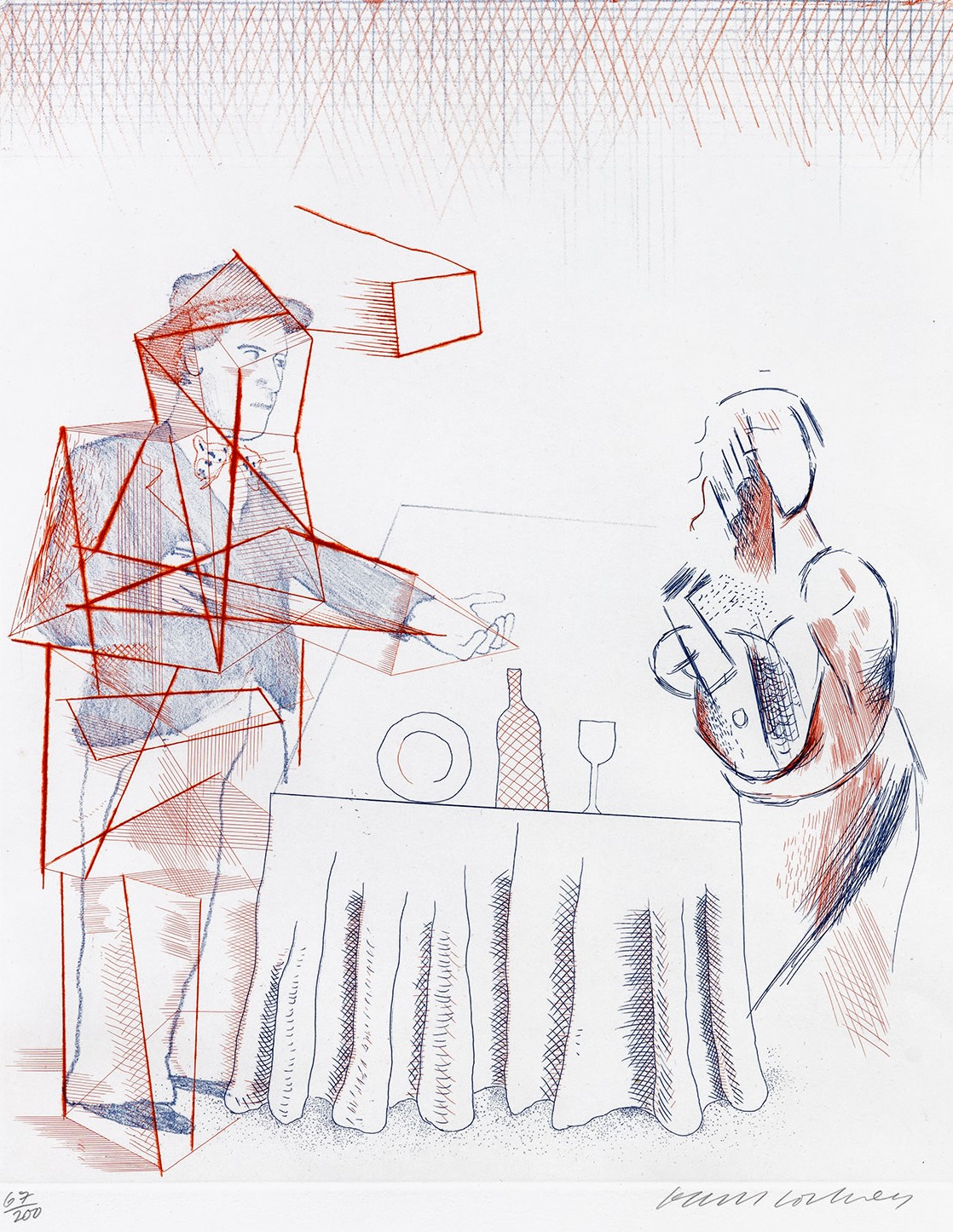 David Hockney - Figures with Still Life, plate 10 from The Blue Guitar (S.A.C. 208, M.C.A.T. 187)