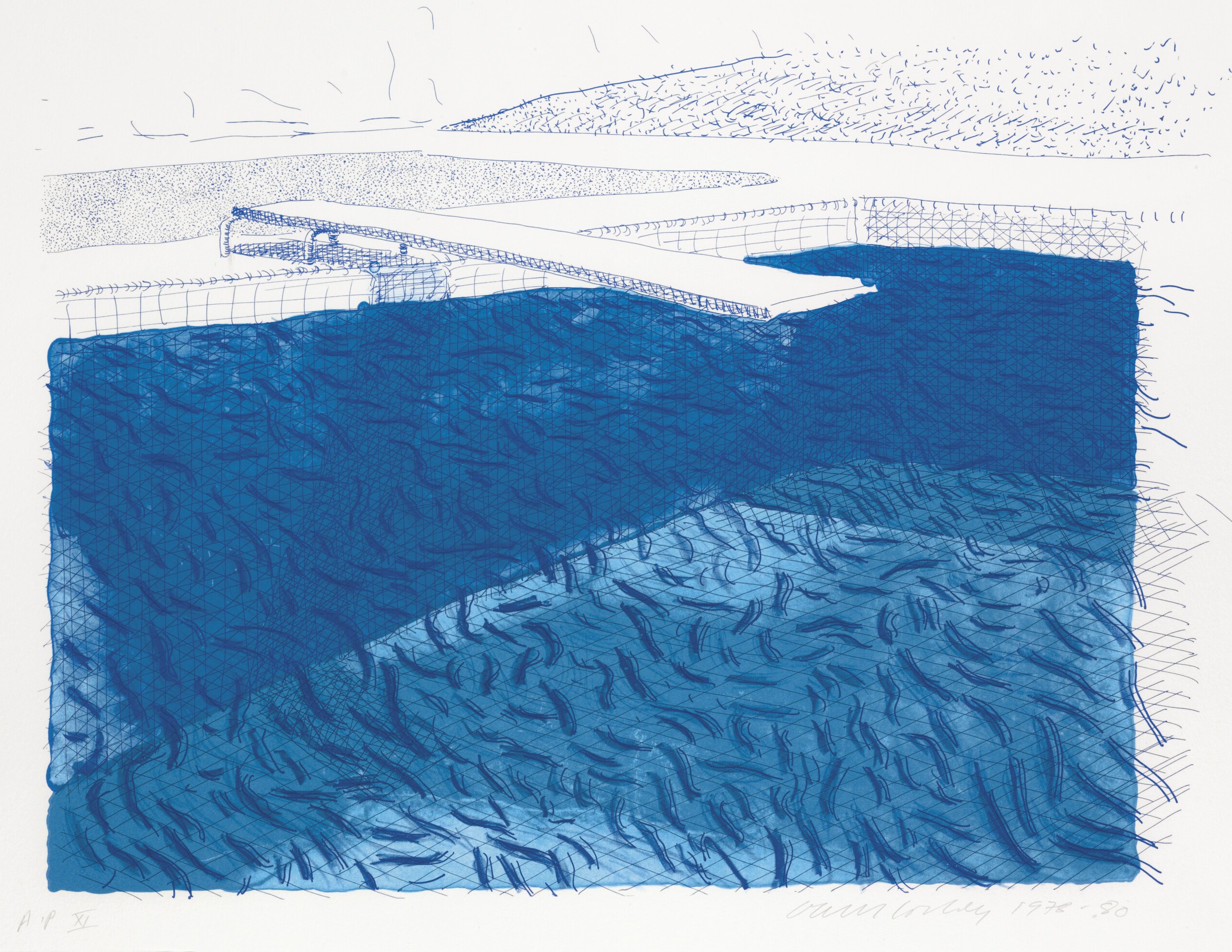 David Hockney - Lithograph of Water made of lines, crayon, and two blue washes without green wash