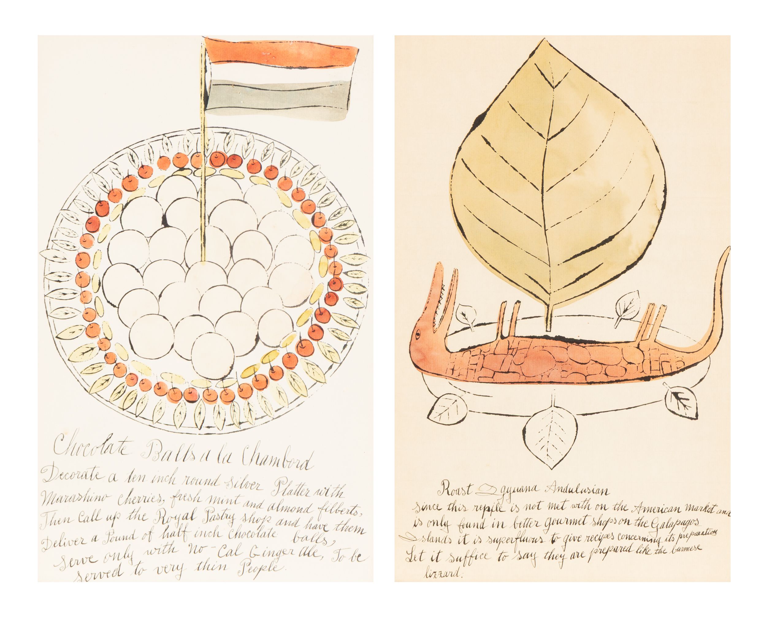 Andy Warhol - Roast Iguana and Chocolate Balls a la Chambord (two works from Wild Raspberries), 1959