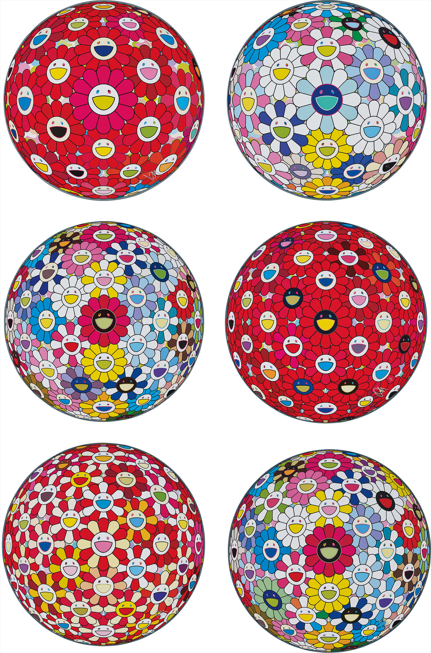 Takashi Murakami - Thinking Matter (Red); Cosmic Power; Space Show; Flowerball: Bright Red; Flowerball: Koi/Red-crowned Cr...