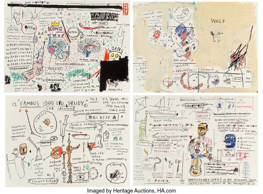 Jean-Michel Basquiat - Wolf Sausage, King Brand, Dog Leg Study and Undiscovered Genius
