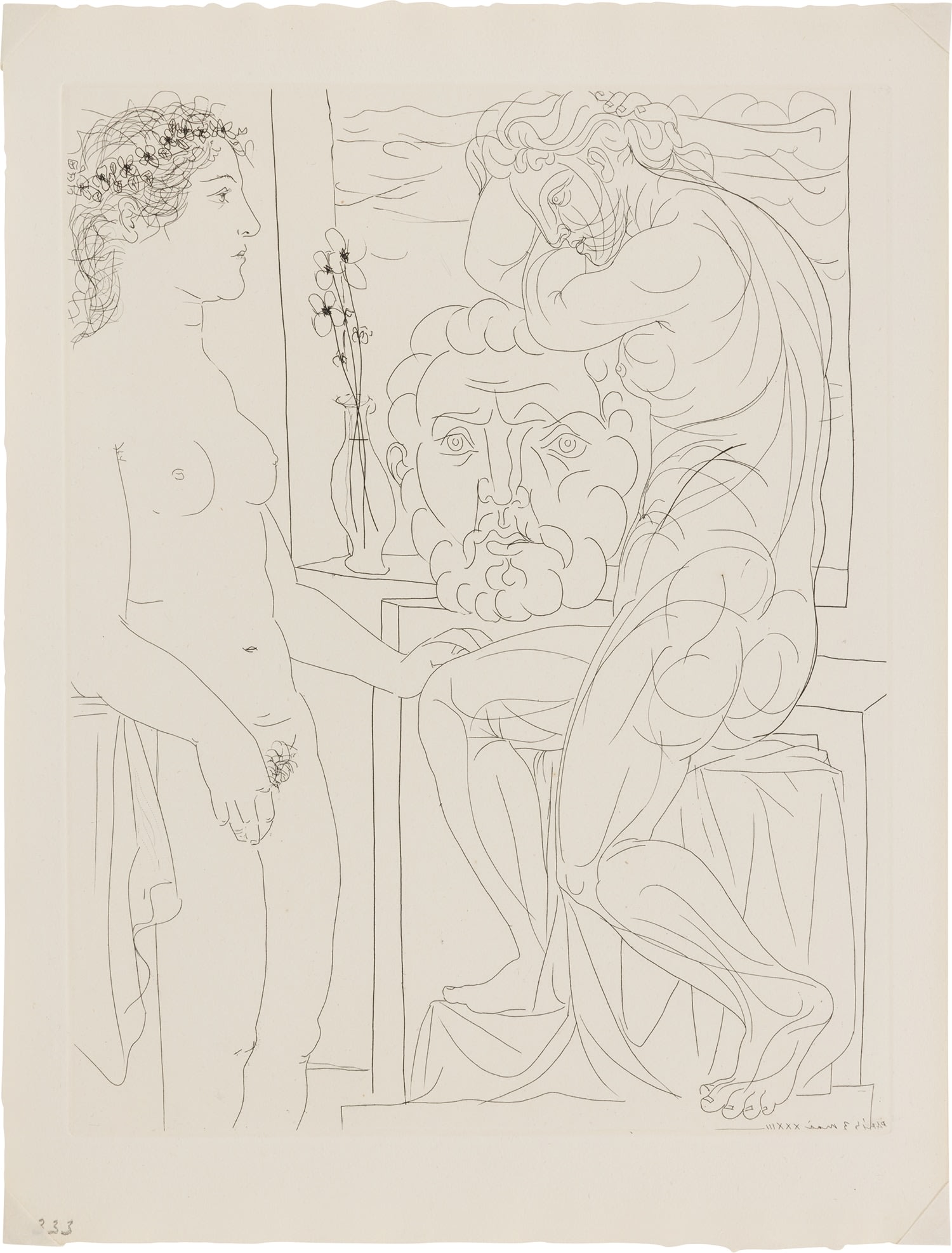 Pablo Picasso - Femme laide devant la sculpture d'une Marie-Thérèse athlétique appuyée sur un autoportrait du sculpteur (U...