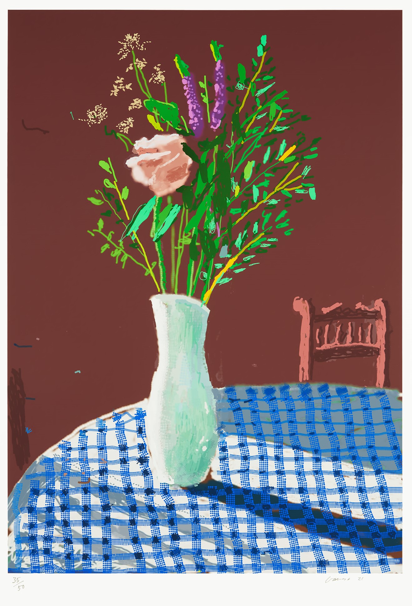 David Hockney - 4th February 2021, Flowers in a White Vase with Chair