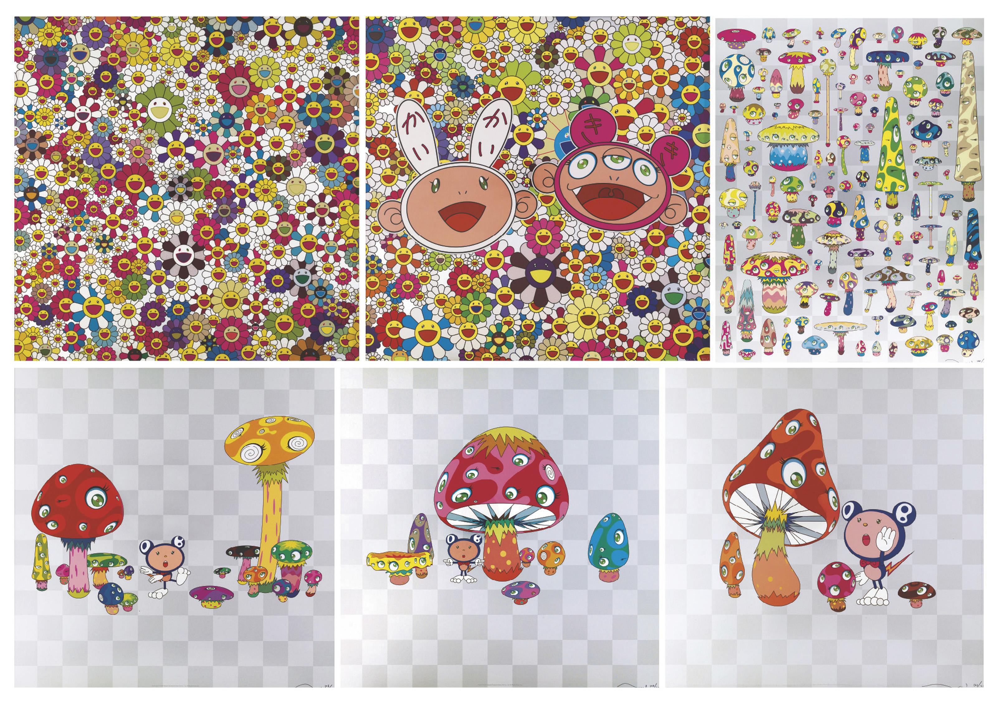 Takashi Murakami - Flowers, Flowers, Flowers; Lots of Fun; Posi Mushroom; Guru Guru; Poke!; & HO YO YO