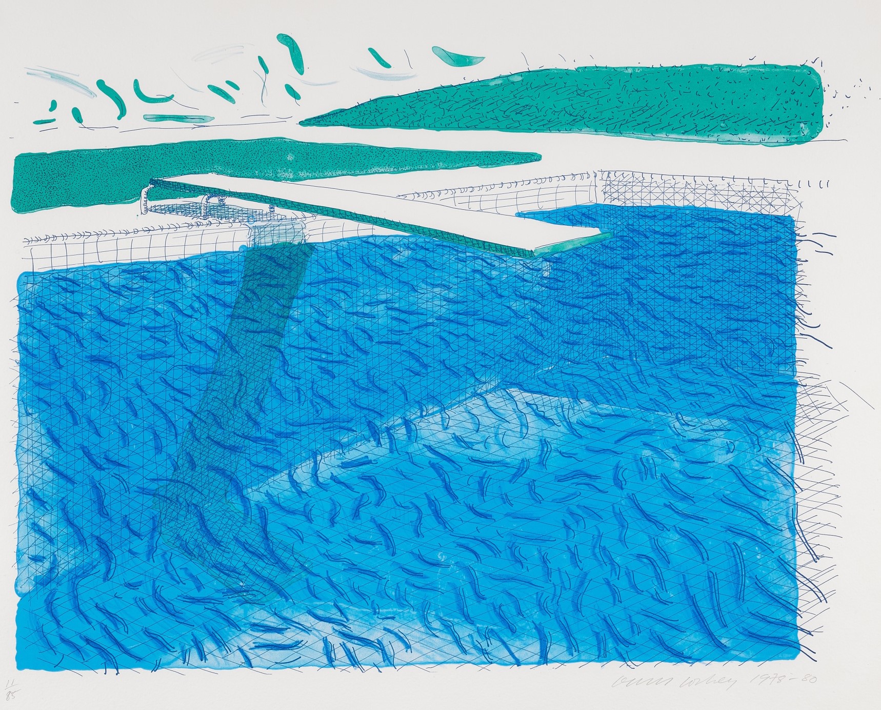 David Hockney - Lithographic Water Made of Lines, Crayon and Two Blue Washes