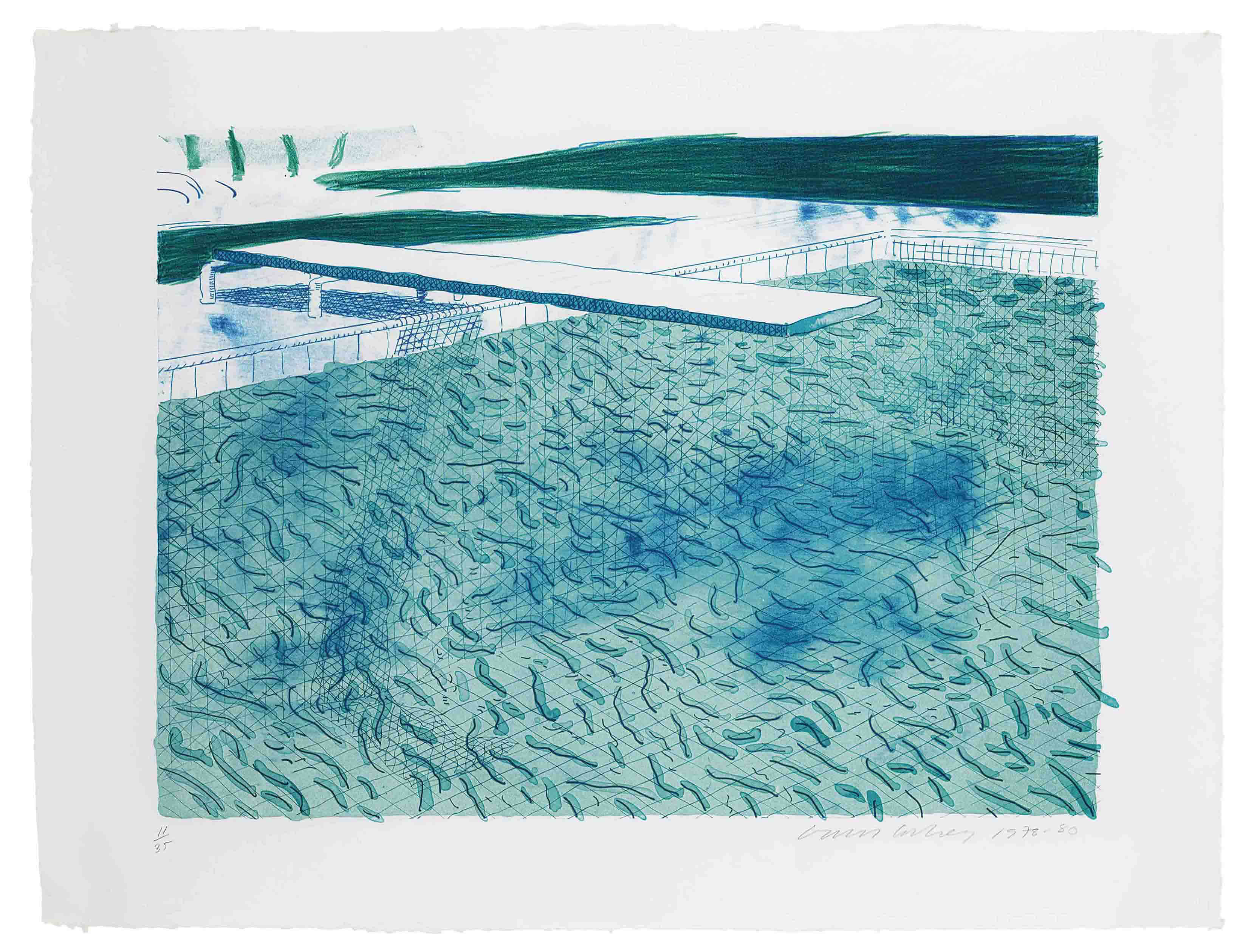David Hockney - Lithograph of Water made of lines with two light blue washes