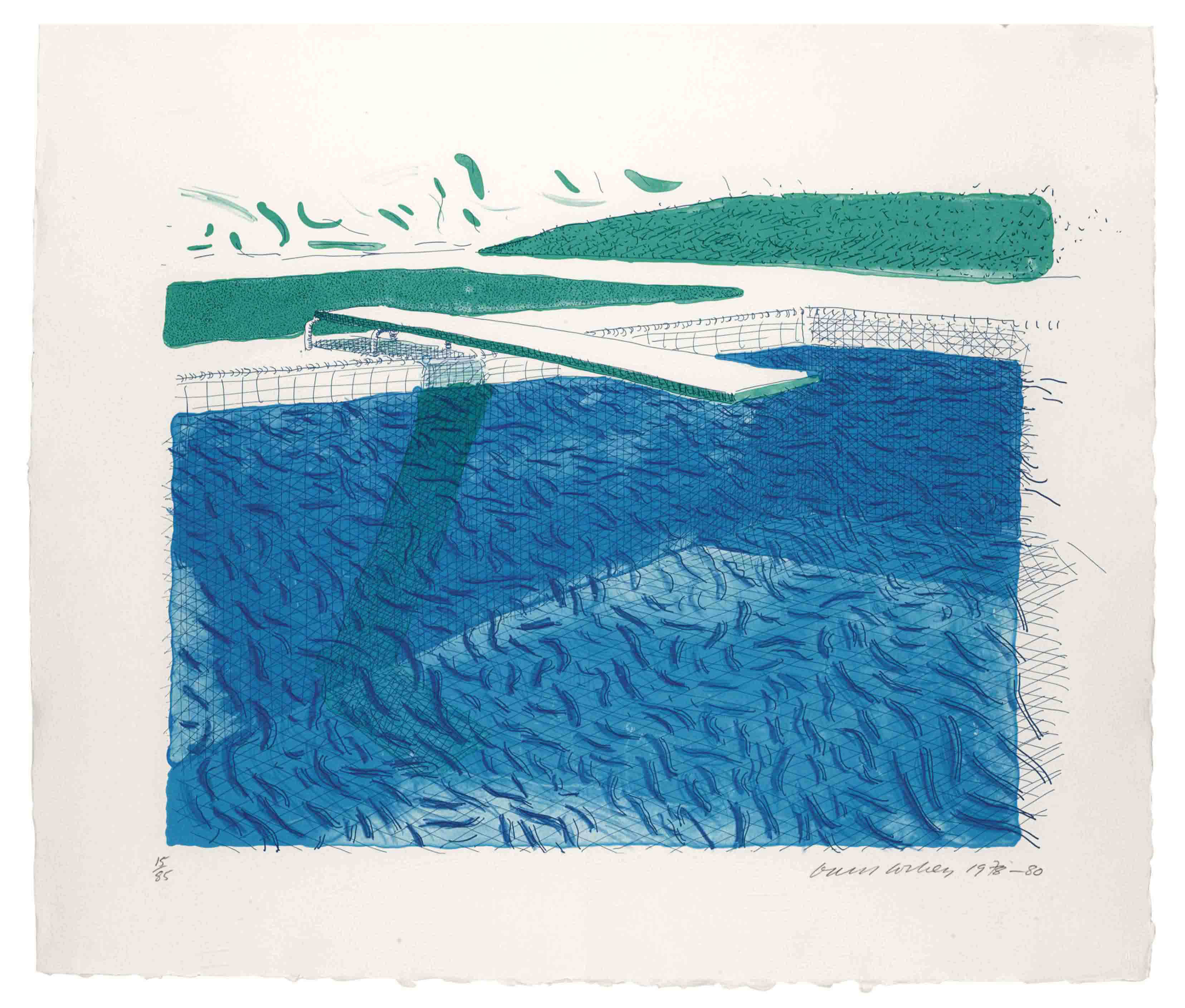 David Hockney - Lithograph of Water made of lines, crayon, and two blue washes