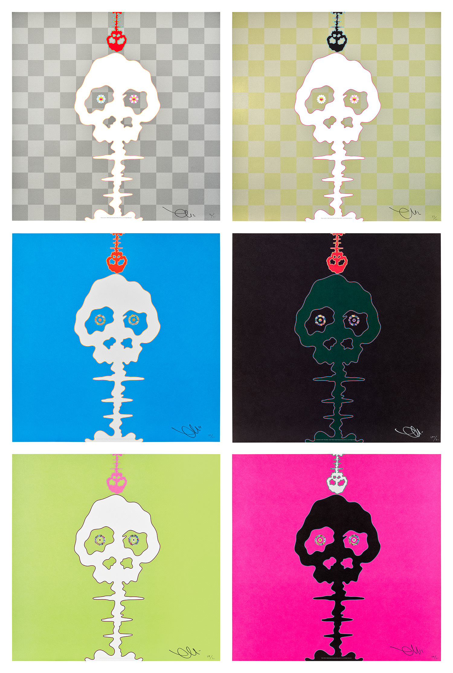 Takashi Murakami - Dokuro Silver; Dokuro Yellow; Time Bokan - Blue; Time Bokan; Lime Green - Time; and Pink - Time