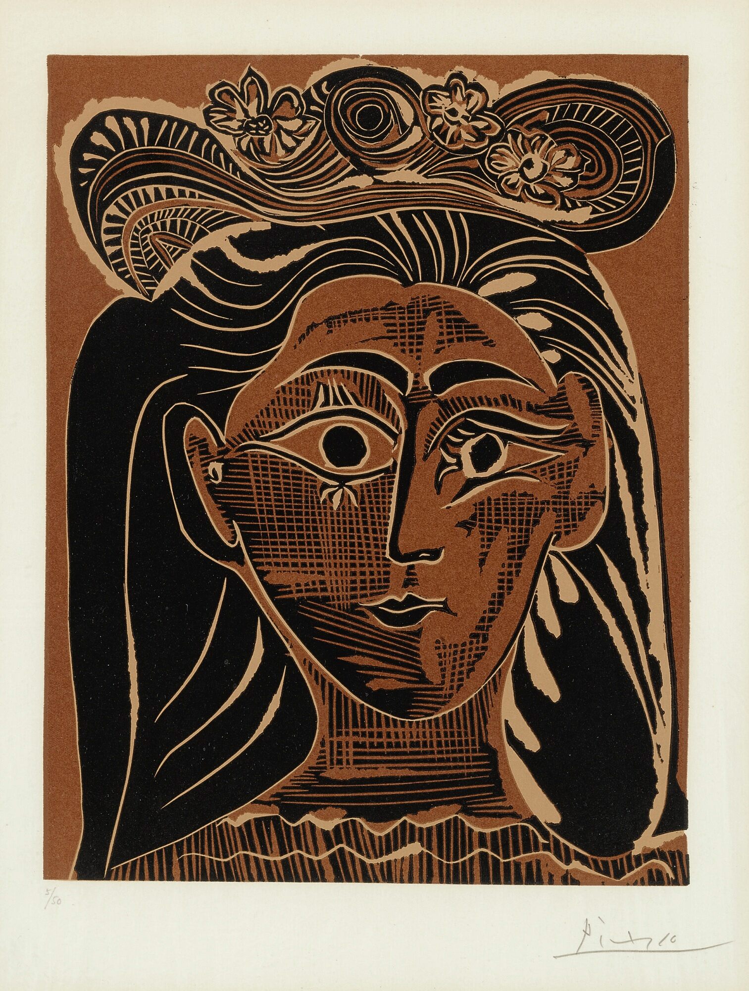 Pablo Picasso - Portrait de Jacqueline au chapeau de paille fleuri
