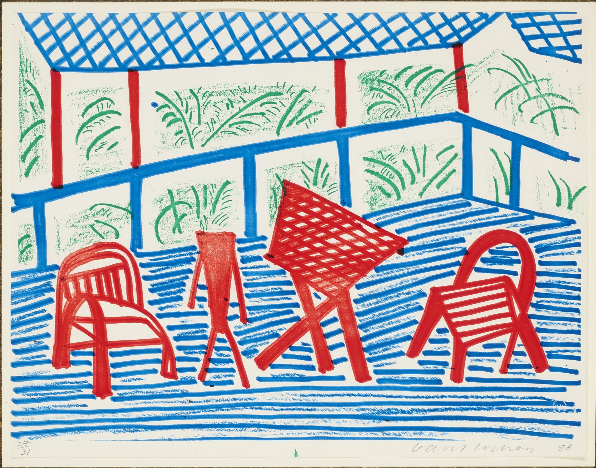 David Hockney - Two Red Chairs and Table, March 1986