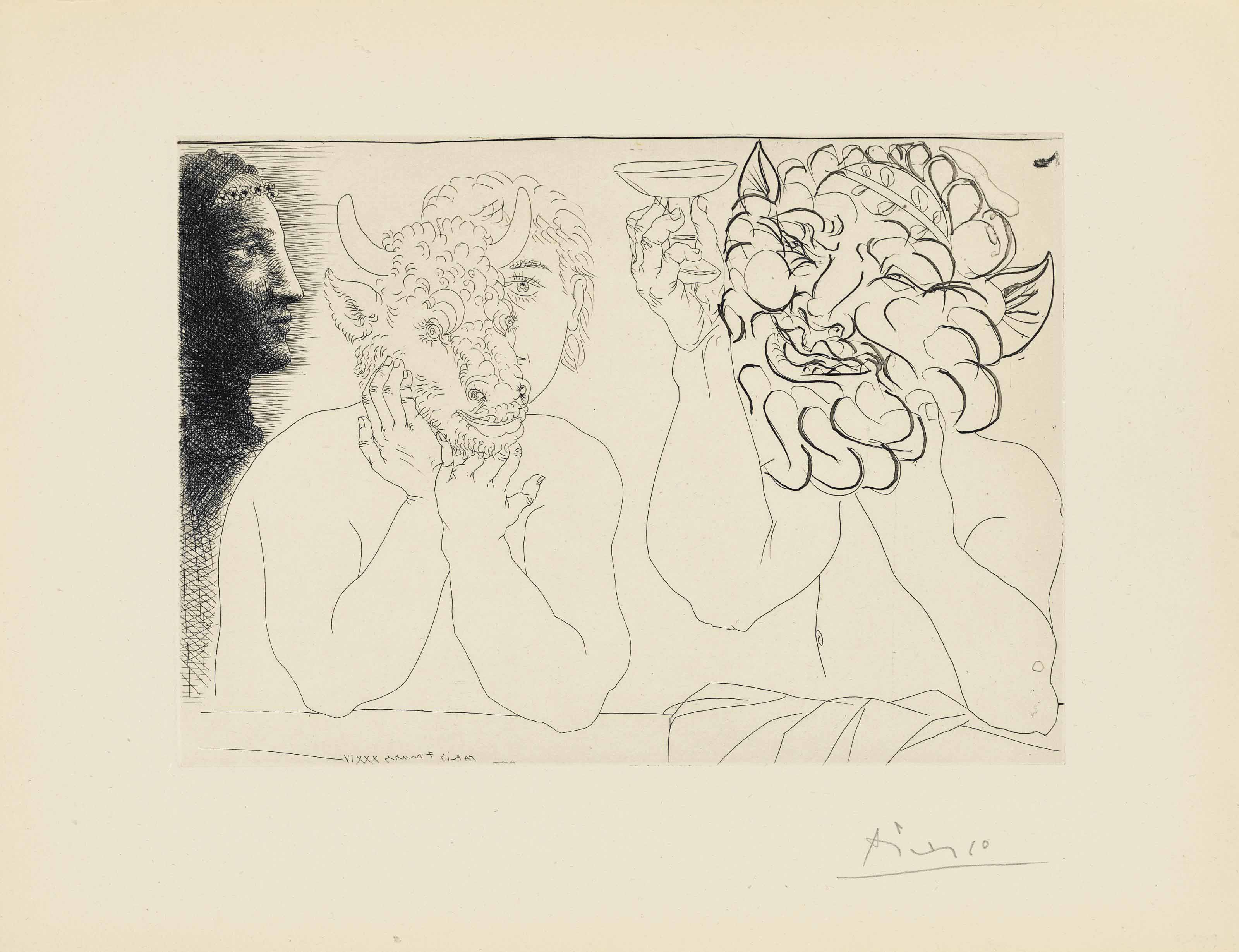 Pablo Picasso - Jeune homme au masque de taureau, faune et profil de femme