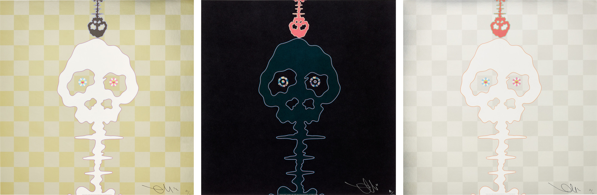 Takashi Murakami - Three works: (i) Dokuro yellow; (ii) Time Bokan - black; (iii) Dokuro silver