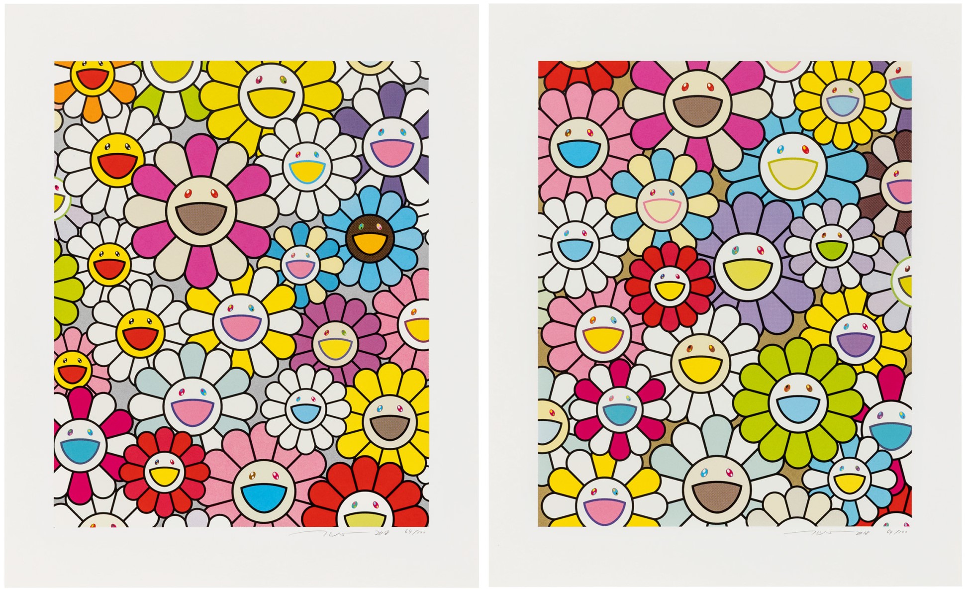 Takashi Murakami - A Little Flower Painting: Pink, Purple, And Many Other Colors; and A Little Flower Painting: Yellow, Wh...