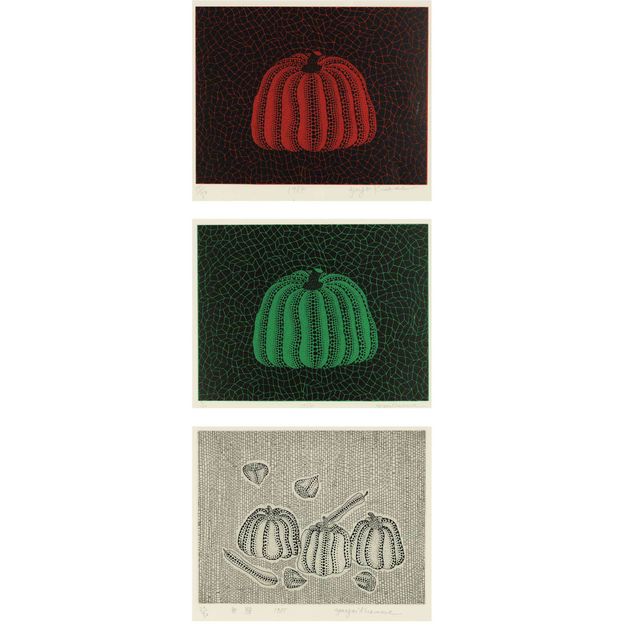 Yayoi Kusama - (I) Pumpkin (Red)(II) Pumpkin (Green)(III) Still Life (Black & White)