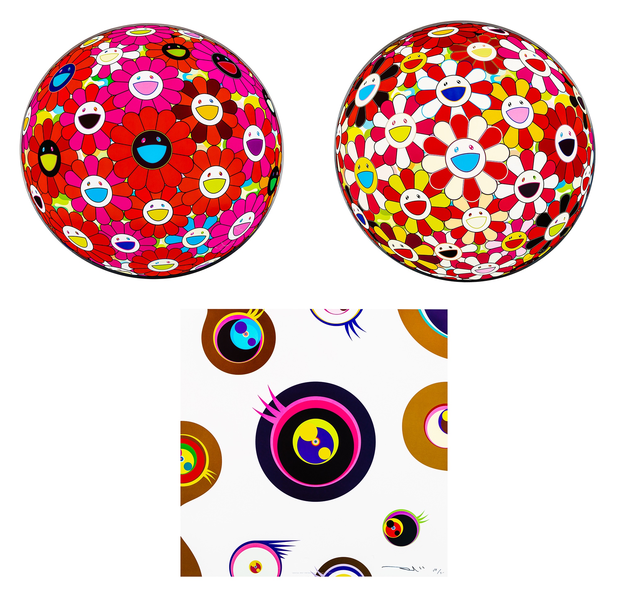 Takashi Murakami - FLOWERBALL RED, PINK, BLUE (3D); FLOWERBALL GOLDFISH COLORS (3D); JELLYFISH EYES - WHITE1