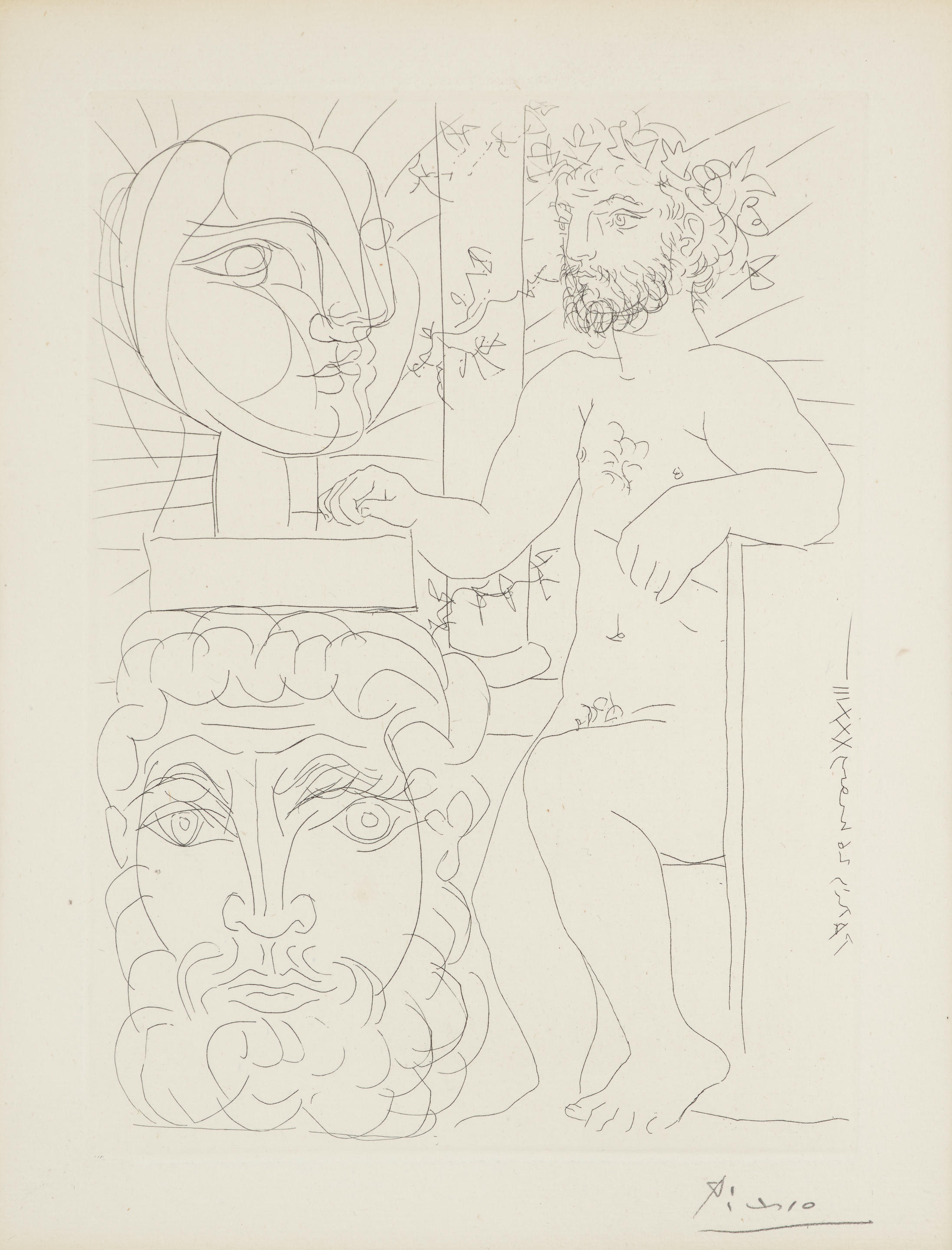 Pablo Picasso - Sculpteur et Deux Têtes sculptées, from La Suite Vollard (Bloch 157, Baer 310)