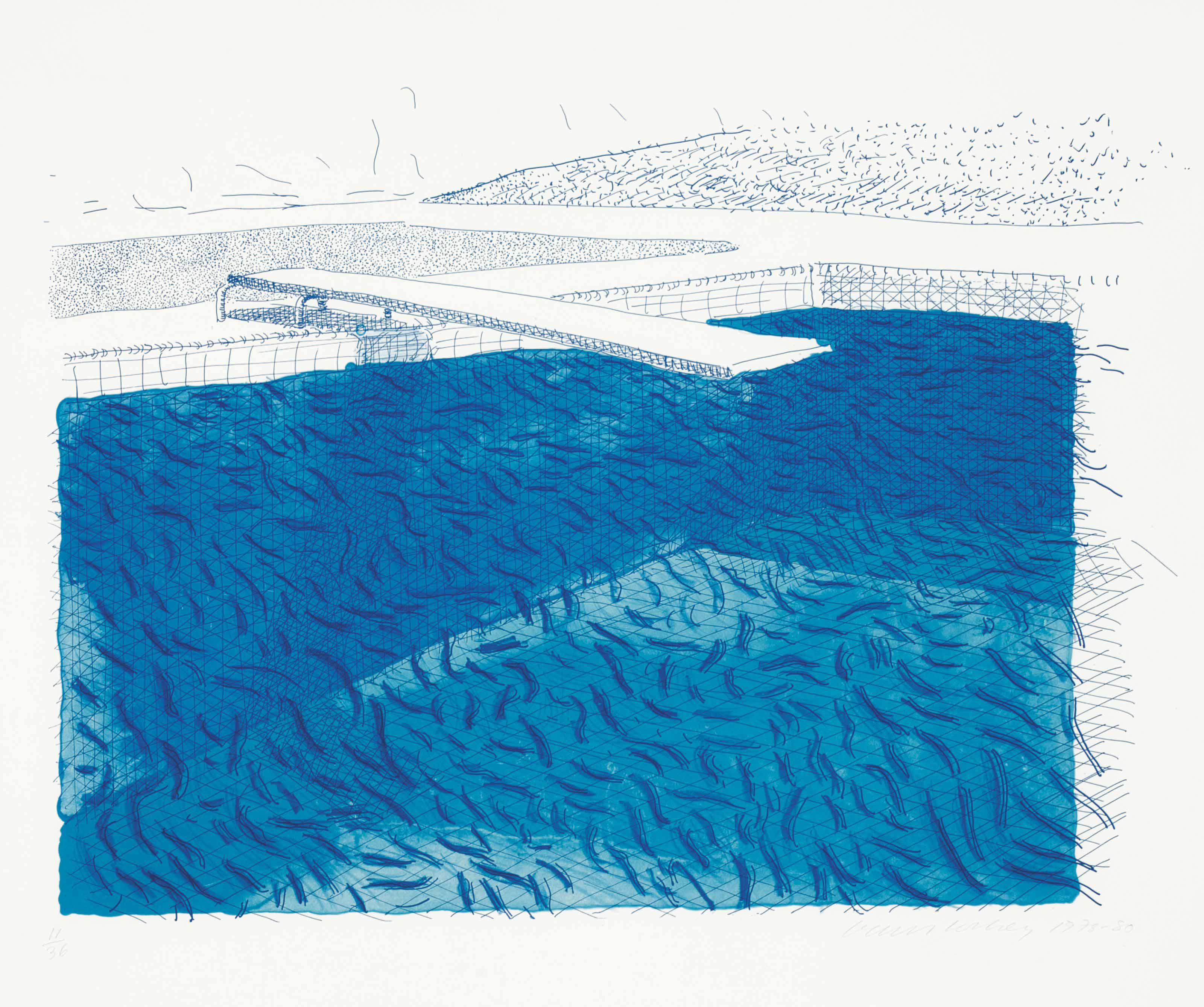 David Hockney - Lithograph of Water made of lines, crayon and two blue washes without green wash