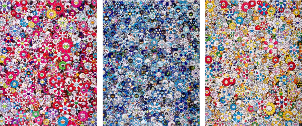 Takashi Murakami - Dazzling Circus: Embrace Peace and Darkness Within Thy Heart; Zero One; and Skulls & Flowers Multicolor...