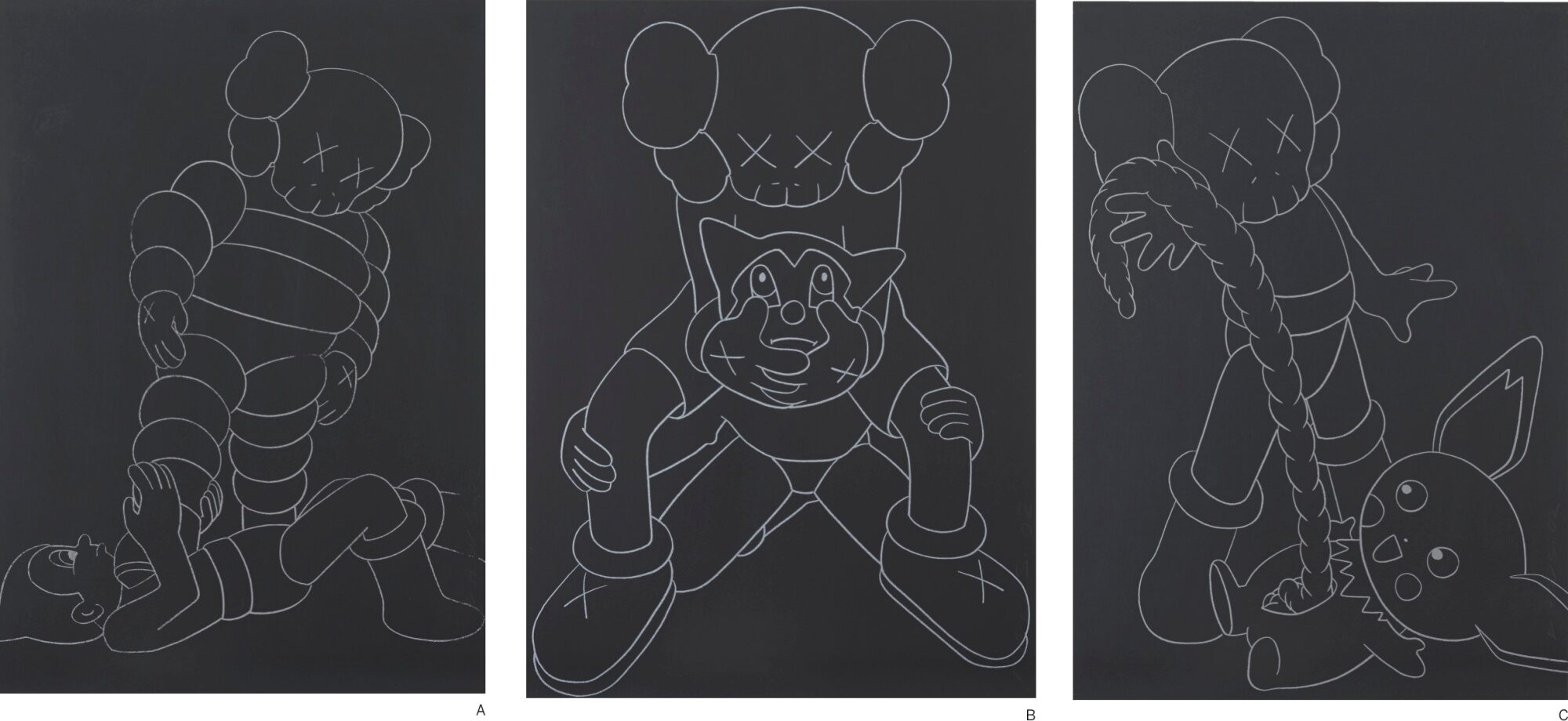 KAWS - A: Chum VS Astroboy; B: Companion VS Astroboy C: Companion VS Pikachu (three works)