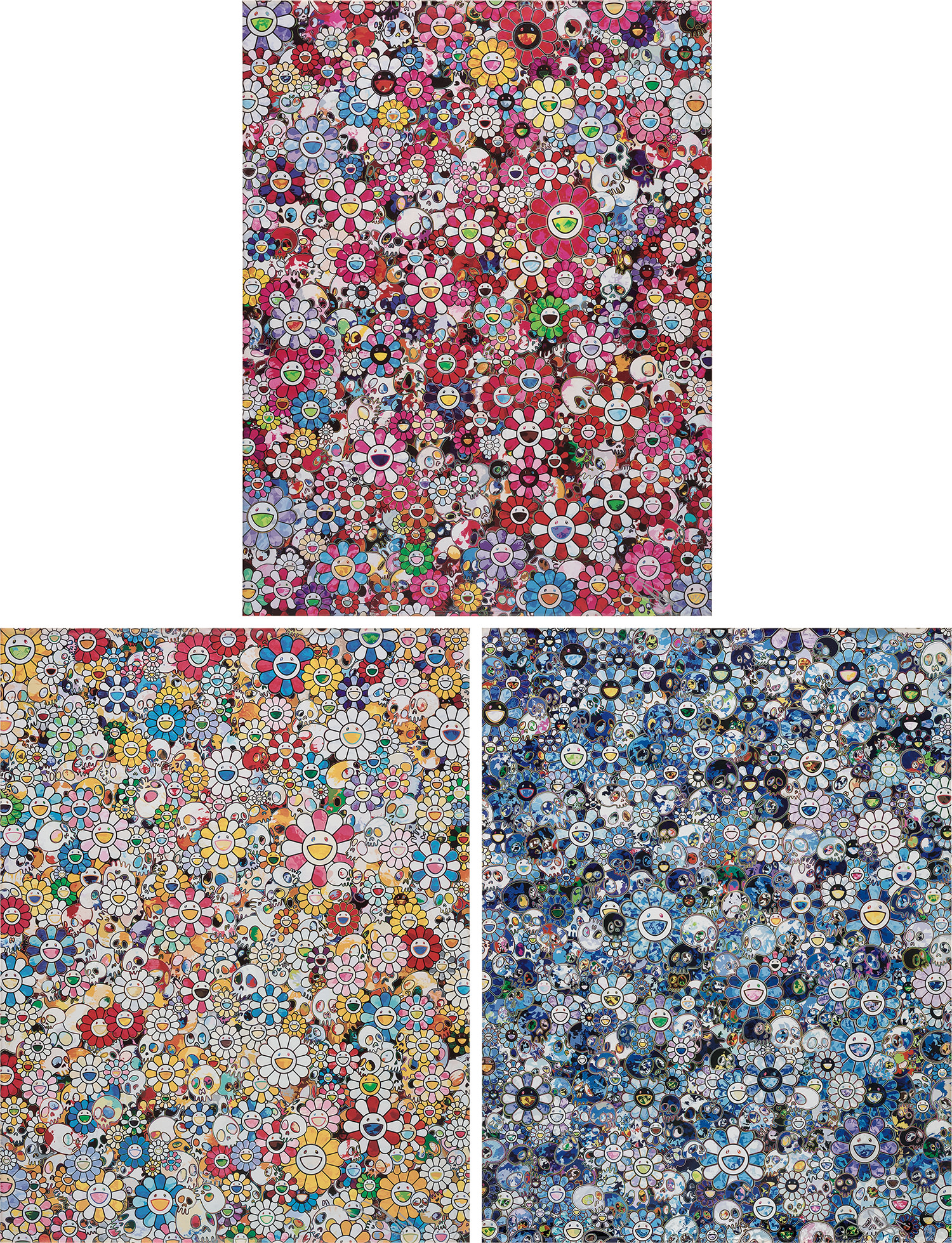 Takashi Murakami - Circus: Embrace Peace and Darkness with Thy Heart; Skulls and Flowers Multicolor; and Zero One