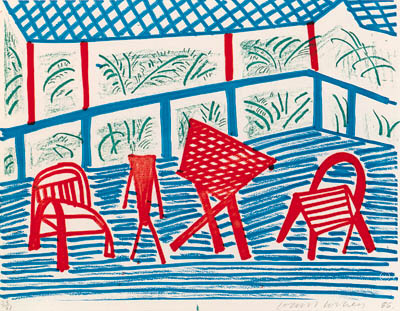 David Hockney - Two red Chairs and Table