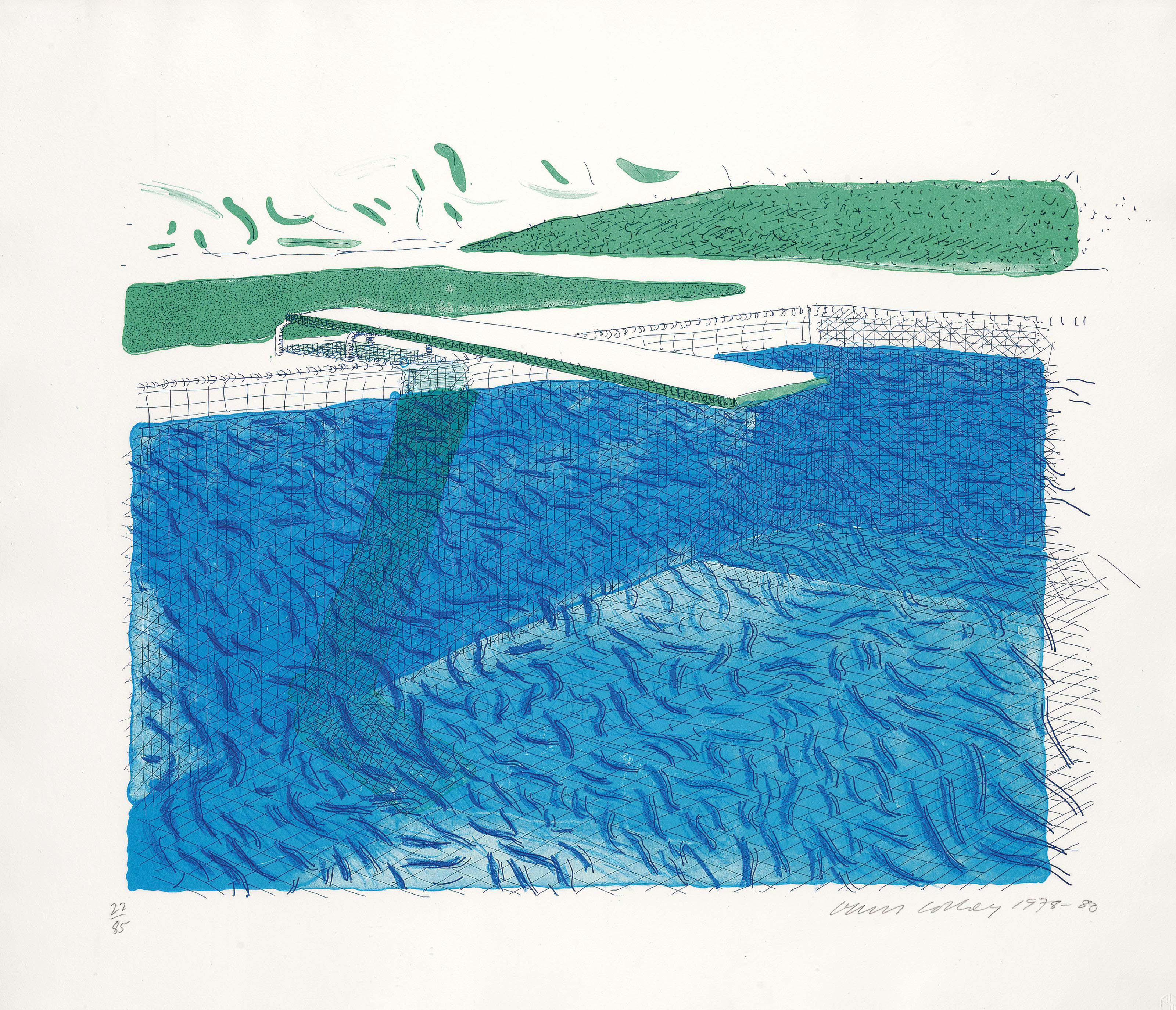 David Hockney - Lithograph of Water made of lines, crayon, and two blue washes