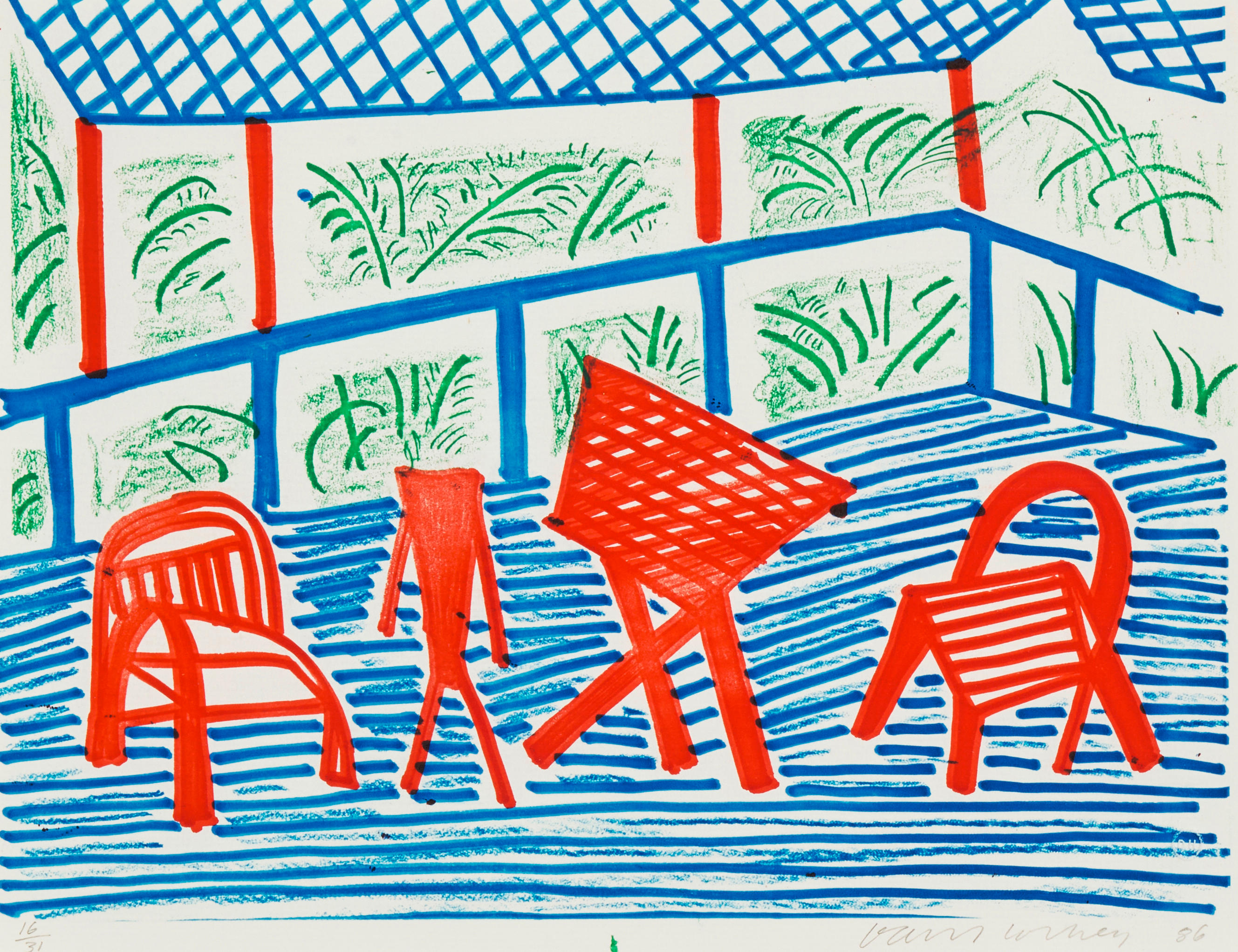 David Hockney - Two Red Chairs and a Table
