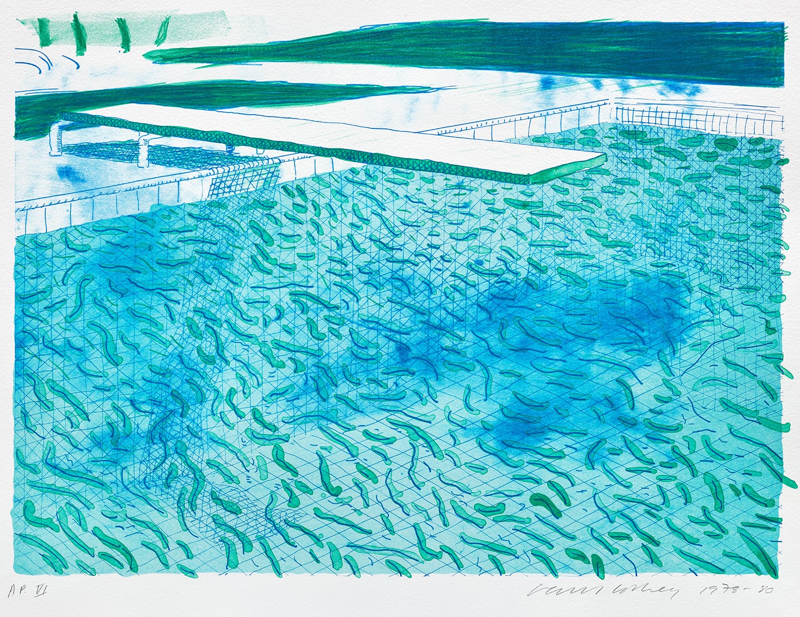 David Hockney - Lithograph of Water Made of Lines, a Green Wash, and a Light Blue Wash (T.G. 248, M.C.A.T. 205)