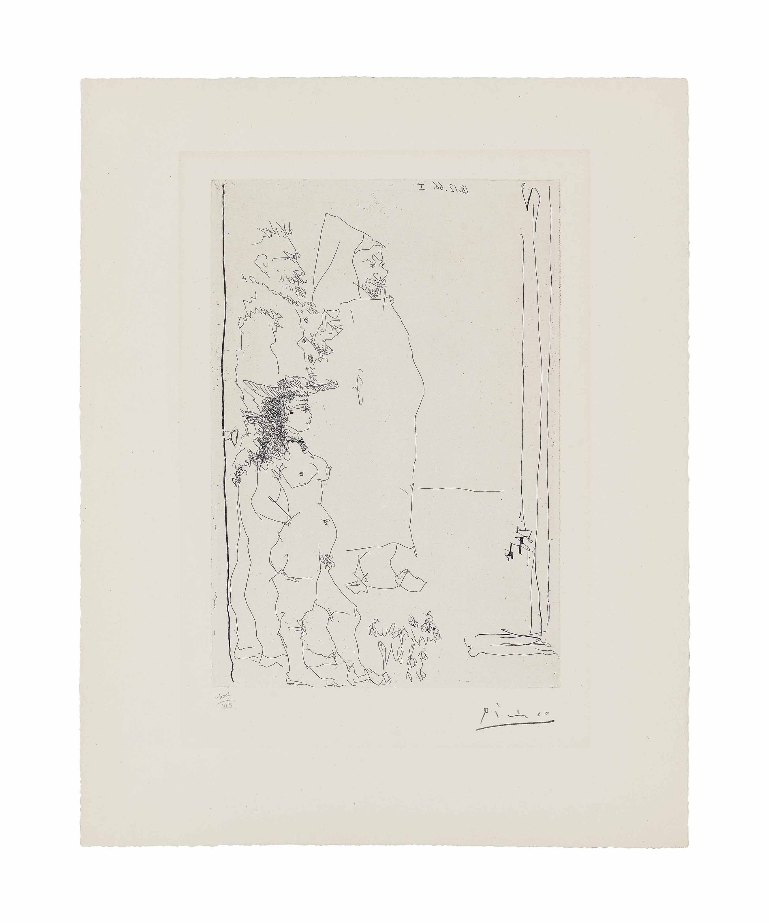 Pablo Picasso - Trois personnages, dont une caricature d'après el Greco et une d'après Tintin, et un petit chien