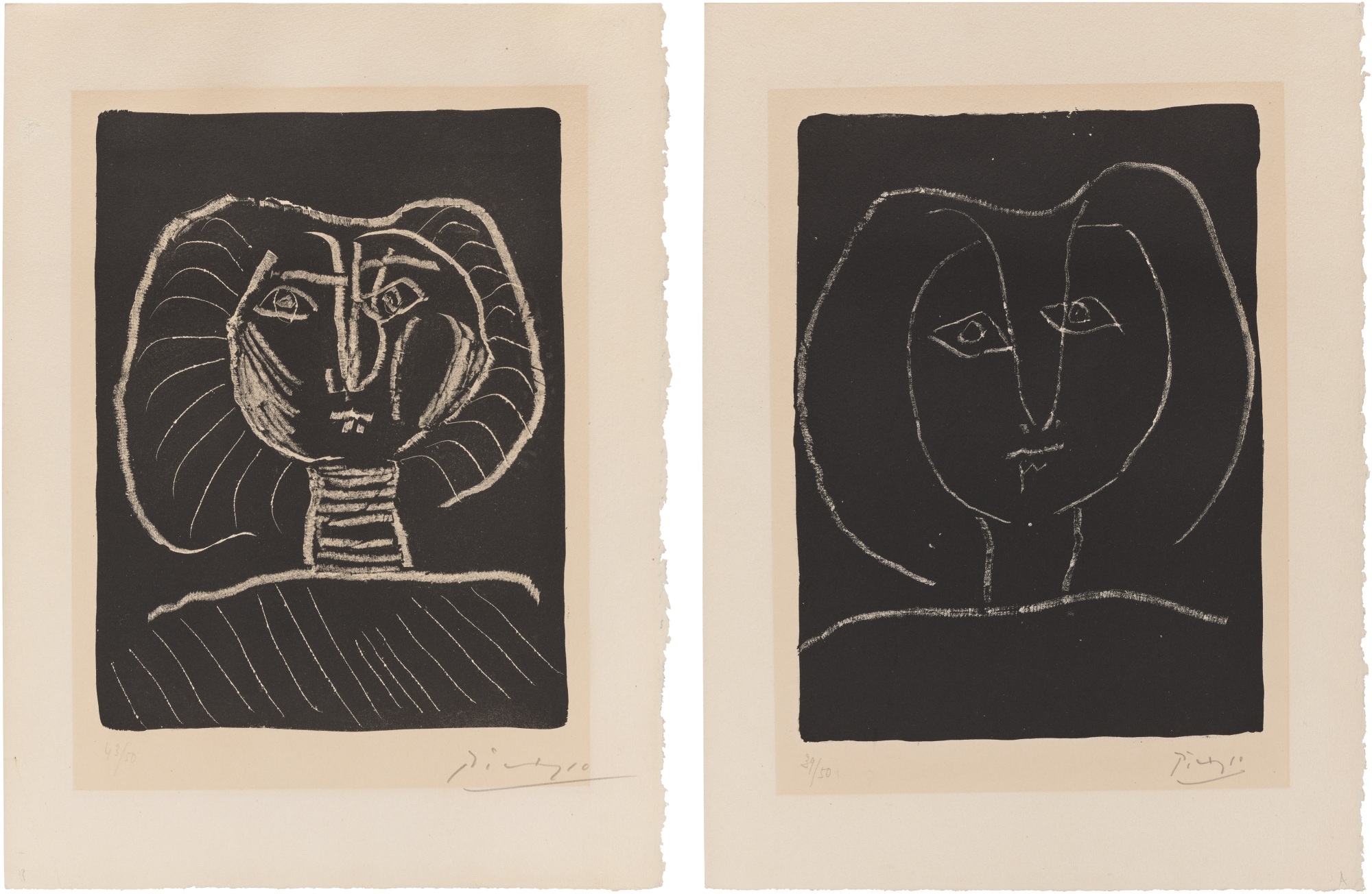 Pablo Picasso - Two works: (i) Tête de femme fond noir; (ii) Tête de femme stylisée fond noir