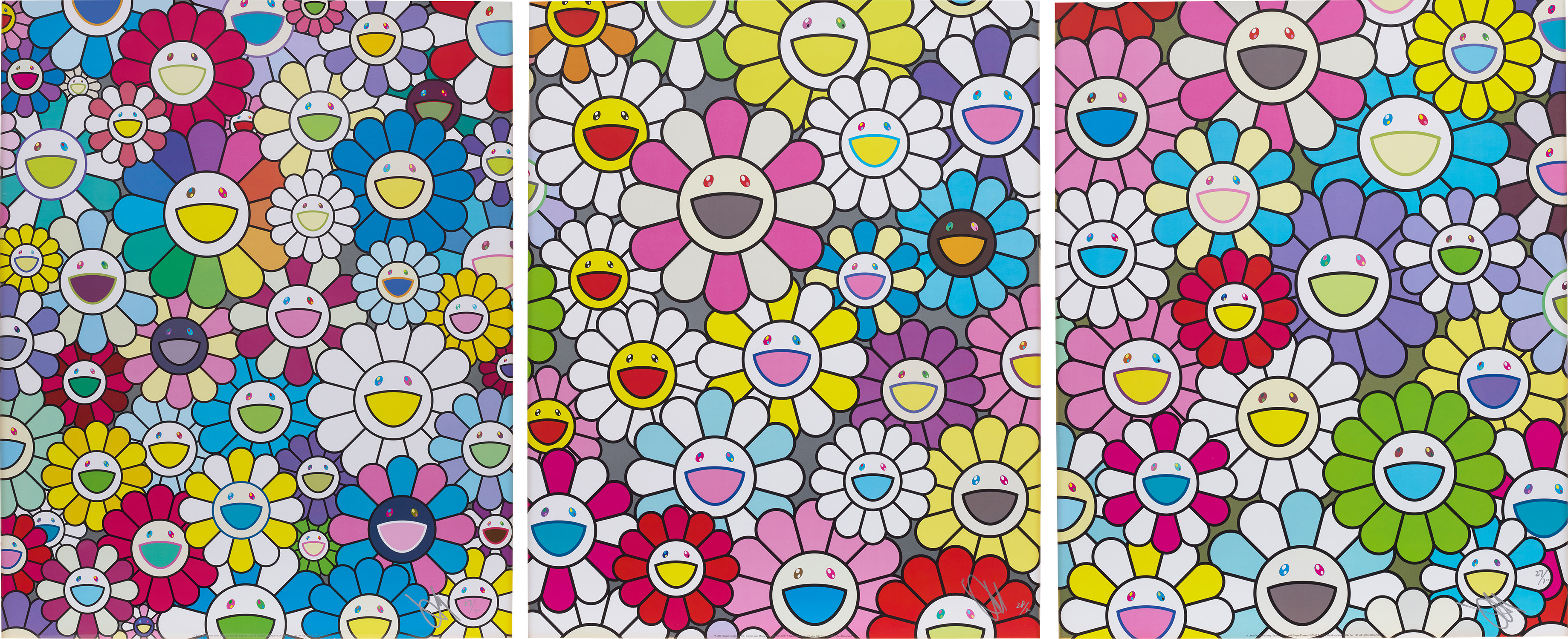 Takashi Murakami - Three works: (i) A little Flower Painting: Pink, Purple, and Many Other Colors; (ii) A little Flower Pa...