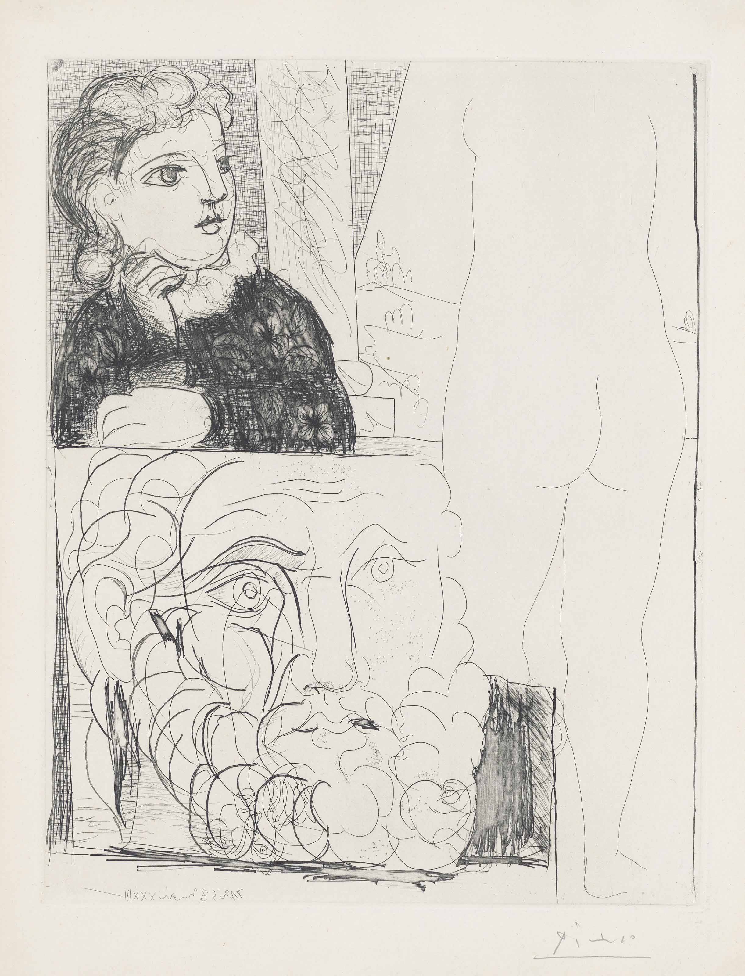Pablo Picasso - Femme accoudée, sculpture de dos et tête barbue, from: La Suite Vollard